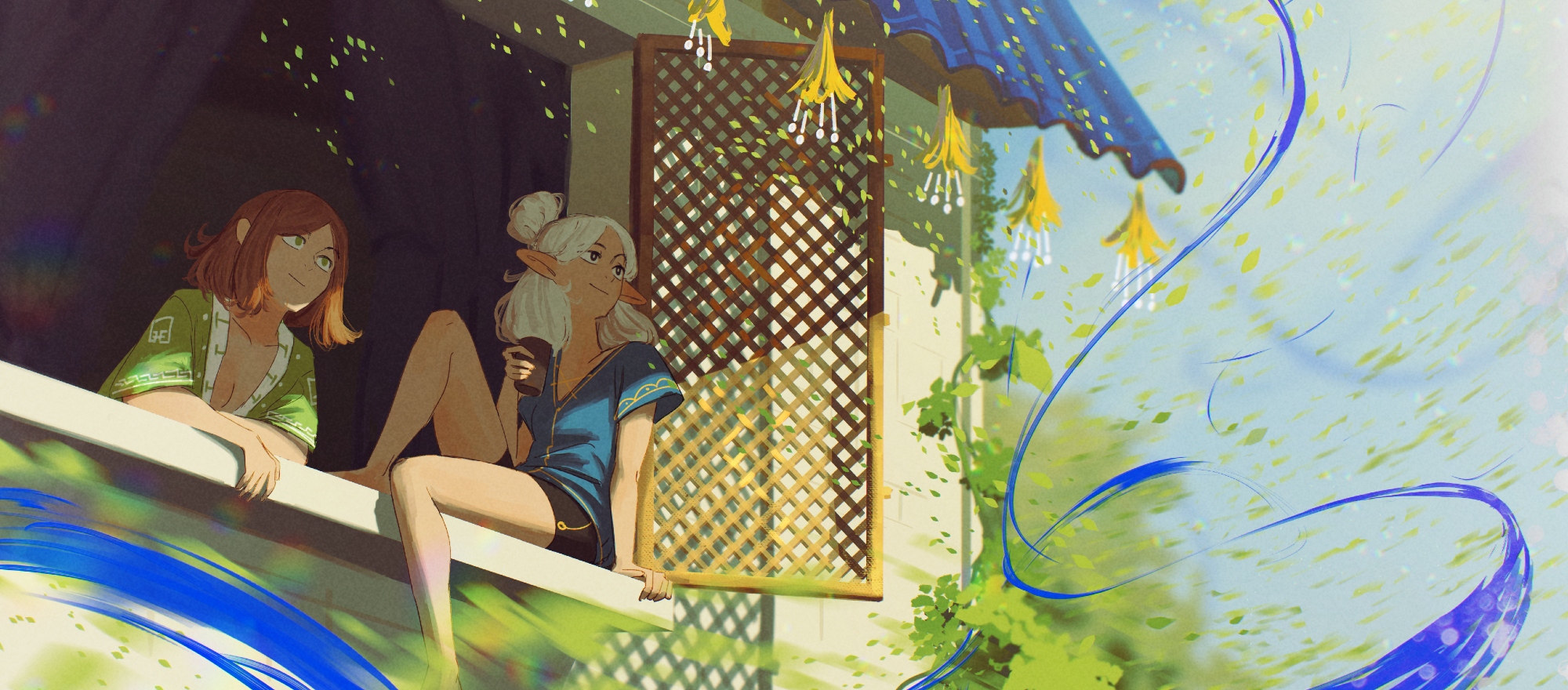 spindle (aidenr0), asimov (spindle (aidenr0)), ottilie (spindle (aidenr0)), original, alt text, commentary, english commentary, highres, 2girls, against window, barefoot, black eyes, black shorts, blue shirt, blue sky, breasts, brown hair, cleavage, cup, day, falling leaves, green eyes, green shirt, hair bun, holding, holding cup, leaf, looking afar, medium hair, multiple girls, on windowsill, pointy ears, shirt, shorts, single hair bun, sitting, sky, smile, white hair, wide shot