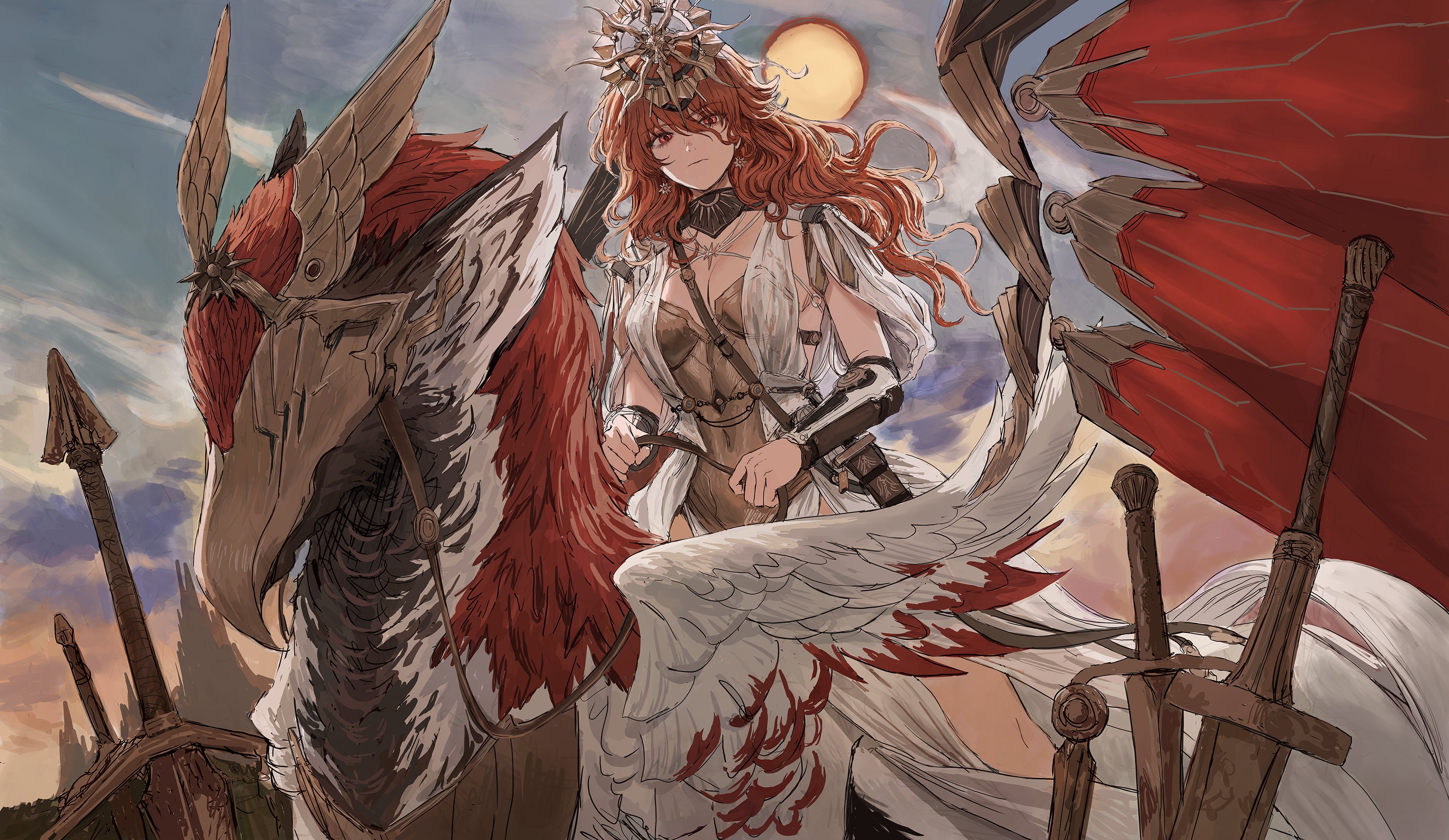 gold can, augusta (wuthering waves), wuthering waves, absurdres, commentary, highres, symbol-only commentary, 1girl, ancient greek clothes, arm armor, armor, black collar, breastplate, breasts, closed mouth, collar, dress, earrings, greco-roman clothes, hair between eyes, headgear, jewelry, long hair, looking at viewer, medium breasts, orange hair, outdoors, red eyes, riding, solo, sun, sun earrings, sun necklace, tacet discord (wuthering waves), white dress