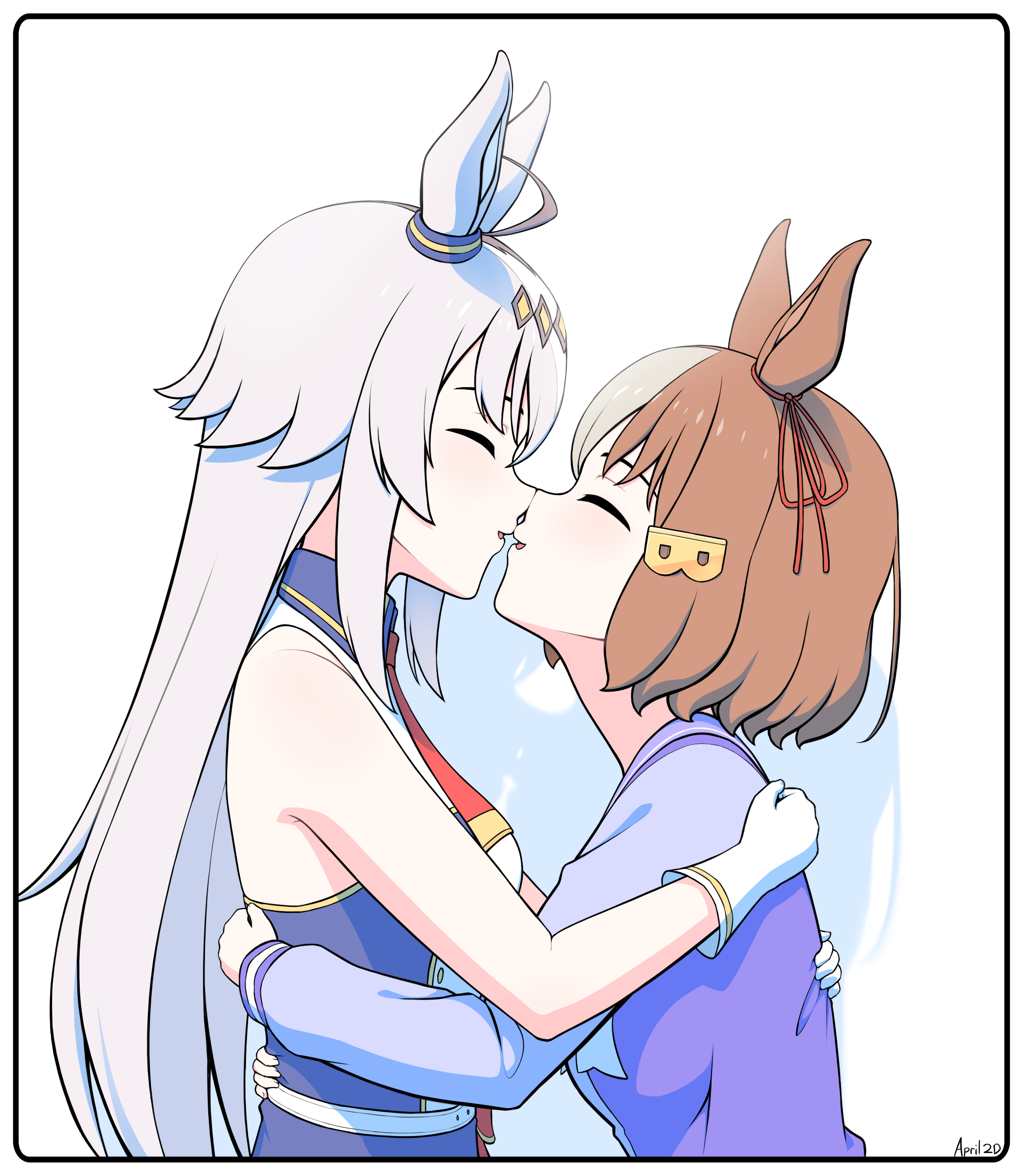 belno light (umamusume), oguri cap (umamusume), umamusume, commentary, english commentary, highres, 2girls, animal ears, april 2d, brown hair, closed eyes, from side, gloves, horse ears, horse girl, hug, kiss, long hair, medium hair, multiple girls, noses touching, profile, purple shirt, school uniform, shirt, tracen school uniform, upper body, white gloves, white hair, yuri