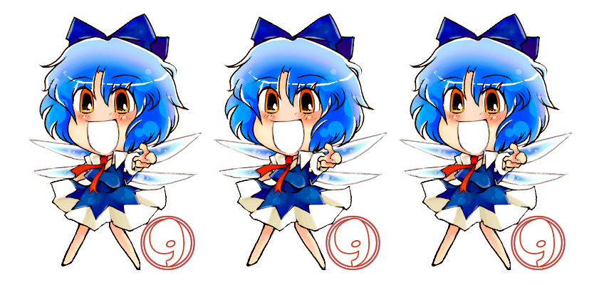 sato, sato (hekiga ni nemuru), cirno, phantasmagoria of flower view, touhou, 1girl, bow, chibi, circled 9, female focus, full body