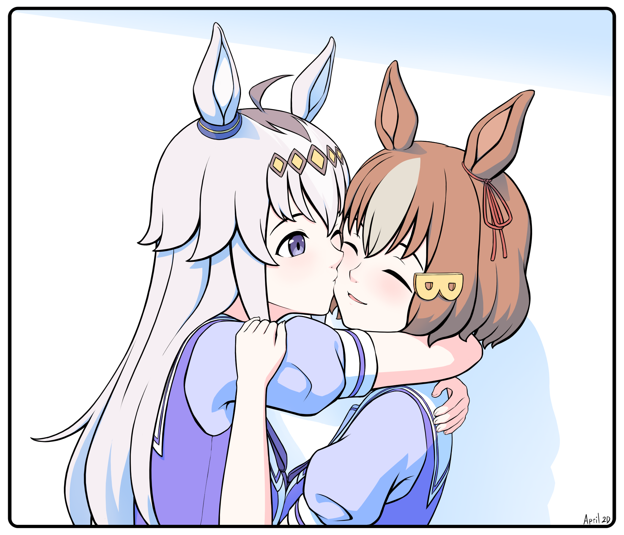 belno light (umamusume), oguri cap (umamusume), umamusume, commentary, english commentary, highres, 2girls, animal ears, april 2d, arms around neck, brown hair, closed eyes, horse ears, horse girl, hug, kiss, kissing cheek, long hair, medium hair, multiple girls, parted lips, purple eyes, purple shirt, school uniform, shirt, short sleeves, smile, tracen school uniform, white hair, yuri