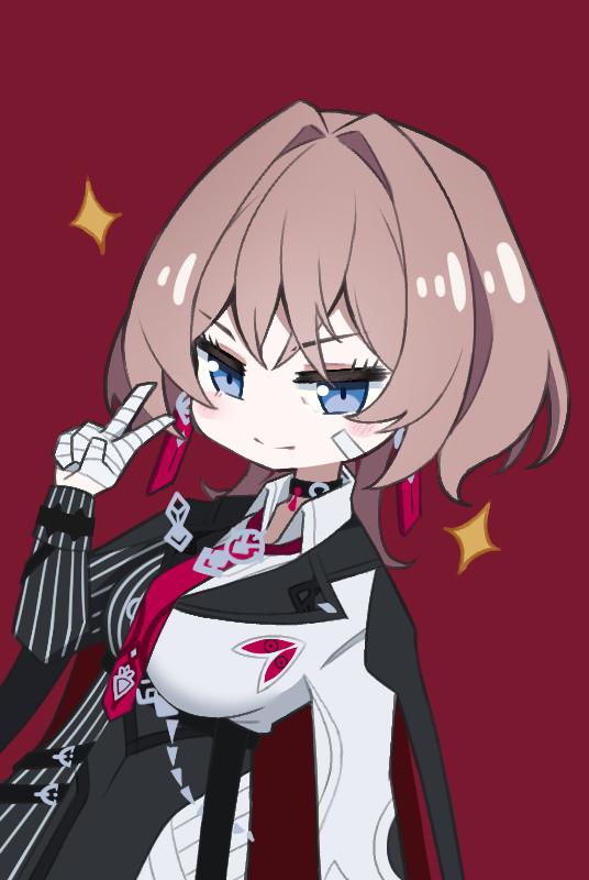 usatoto 1, lantern (honkai impact), honkai (series), honkai impact 3rd, commentary request, >:), 1girl, bandaged hand, bandages, black jacket, blue eyes, breasts, brown hair, chibi, closed mouth, dutch angle, earrings, hair intakes, hand up, jacket, jewelry, long hair, looking at viewer, medium breasts, pinstripe jacket, pinstripe pattern, red background, simple background, smile, solo, sparkle, v, v-shaped eyebrows, white jacket