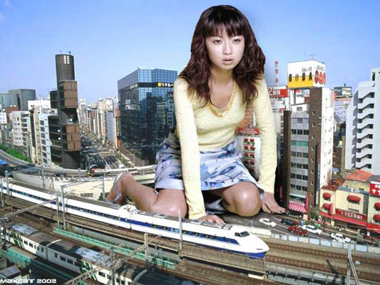 shinkansen, artist request, photo (medium), tagme, 1girl, arm support, asian, breasts, building, city, day, female focus, giant, giantess, kneeling, long hair, miniskirt, no socks, outdoors, parted lips, railroad tracks, road, sitting, skirt, small breasts, solo, street, train, wariza