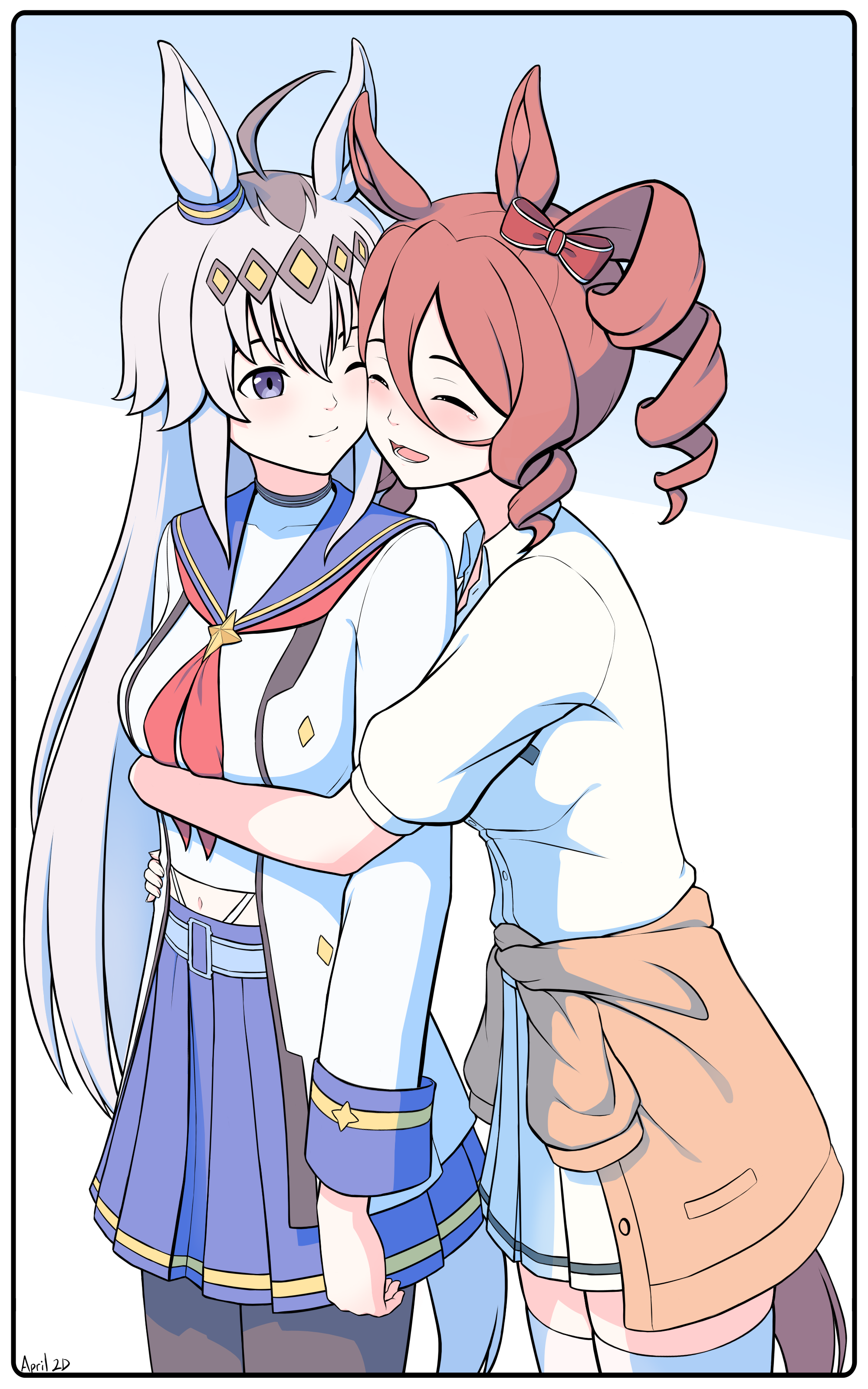 norn ace (umamusume), oguri cap (umamusume), umamusume, absurdres, commentary, english commentary, highres, 2girls, animal ears, april 2d, brown sweater, cheek-to-cheek, closed eyes, closed mouth, clothes around waist, drill hair, heads together, horse ears, horse girl, horse tail, hug, long hair, multiple girls, one eye closed, open mouth, pleated skirt, purple eyes, red hair, shirt, skirt, smile, sweater, sweater around waist, tail, twin drills, white hair, white shirt, white skirt, yuri