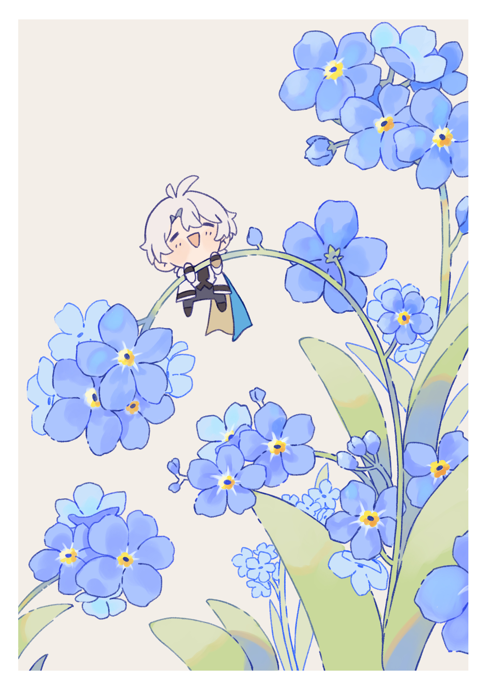 nya deko, phainon (honkai: star rail), honkai: star rail, honkai (series), commentary, english commentary, highres, 1boy, ^ ^, antenna hair, black pants, black shoes, blue cape, blue flower, border, cape, closed eyes, flower, forget-me-not (flower), jacket, leaf, long sleeves, male focus, mini person, miniboy, open mouth, pants, plant, shoes, short hair, solo, two-sided cape, two-sided fabric, white border, white hair, white jacket