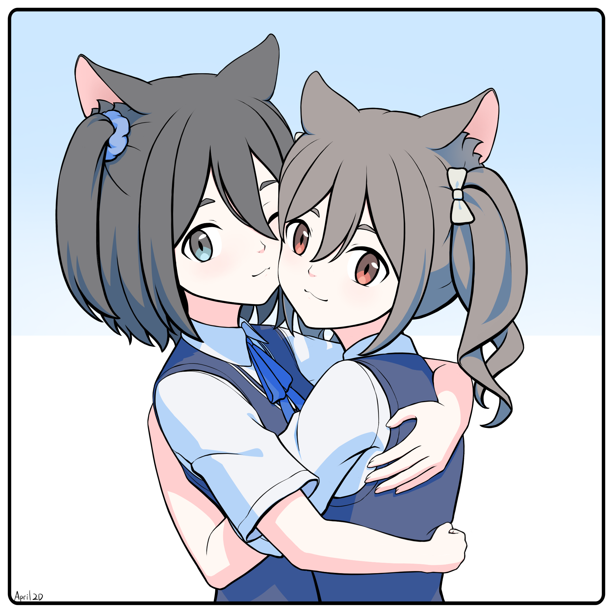 amamiya satsuki (mono), kiriyama an, mono (afro), commentary, highres, 2girls, animal ears, april 2d, black hair, blue eyes, blue ribbon, blue sweater vest, cat ears, closed mouth, collared shirt, grey hair, hug, kemonomimi mode, long hair, multiple girls, neck ribbon, one eye closed, red eyes, ribbon, shirt, short hair, smile, sweater vest, twintails, upper body, white shirt, yuri