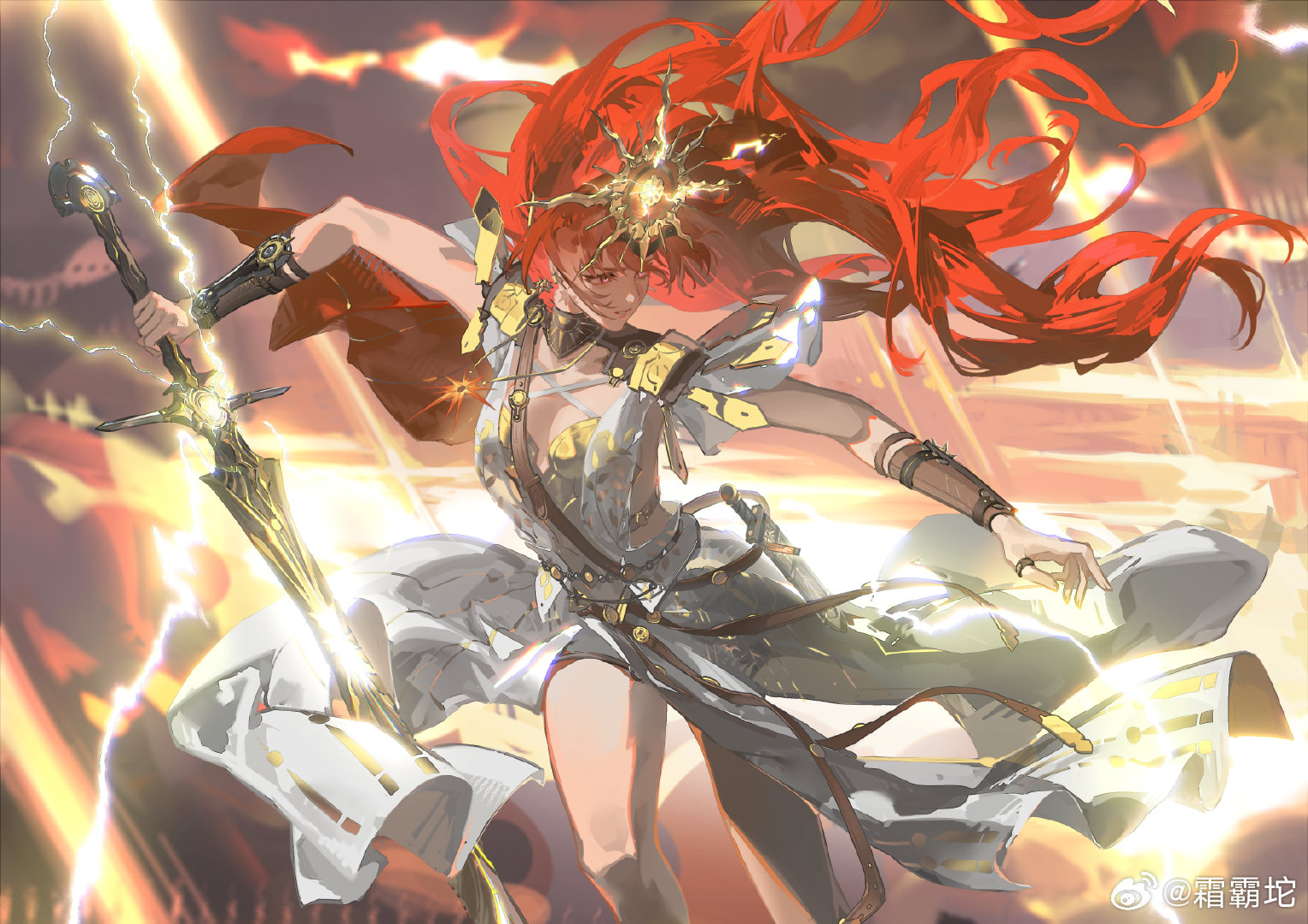 shuangbatian, augusta (wuthering waves), wuthering waves, chinese commentary, commentary request, 1girl, ancient greek clothes, arm armor, armor, black collar, breastplate, breasts, closed mouth, collar, dress, electricity, floating hair, greco-roman clothes, headgear, holding, holding sword, holding weapon, long hair, looking afar, looking to the side, medium breasts, red eyes, red hair, sheath, solo, sun necklace, sword, thighs, weapon, white dress, wind