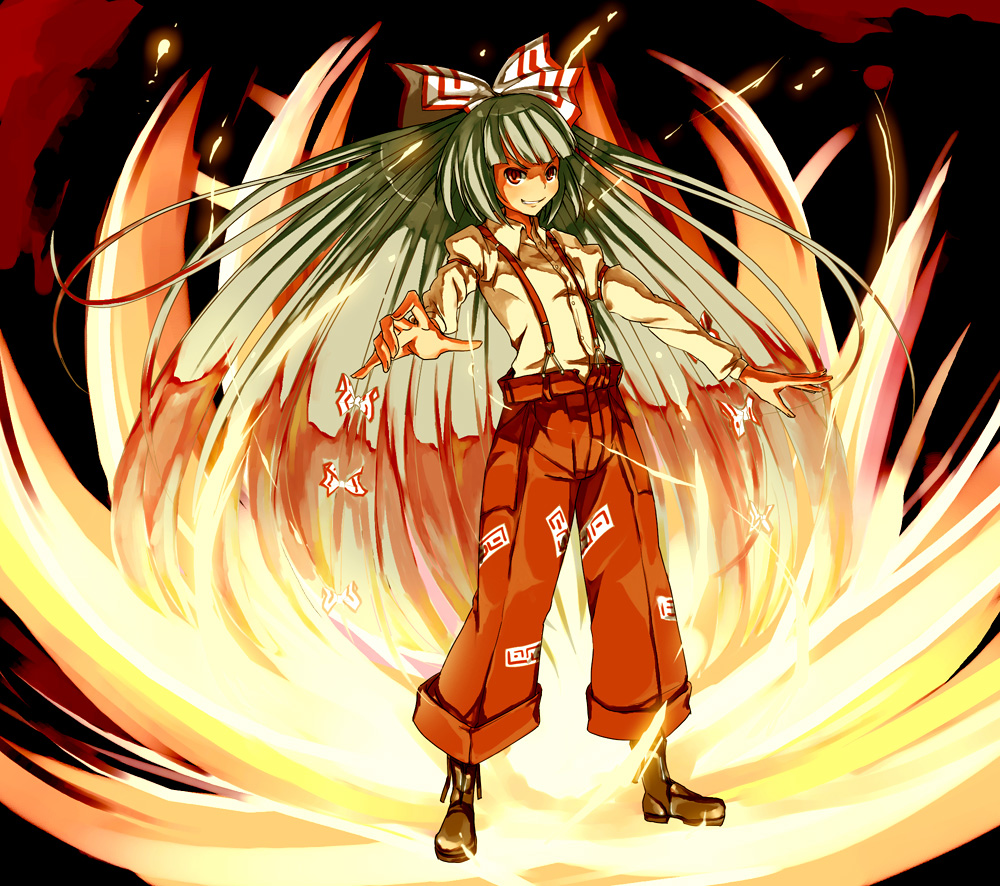 mishima hiroji, fujiwara no mokou, touhou, silver hair, 1girl, bow, female focus, fire, flat chest, hair bow, long hair, multiple hair bows, pants, red eyes, smile, solo