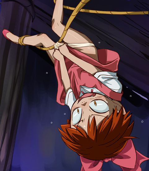 haruyama kazunori, nekomusume, gegege no kitarou, toei company, 1girl, bow, fang, female focus, hair ribbon, hanging, panties, panty pull, pink bow, ribbon, rope, solo, underwear, upside-down