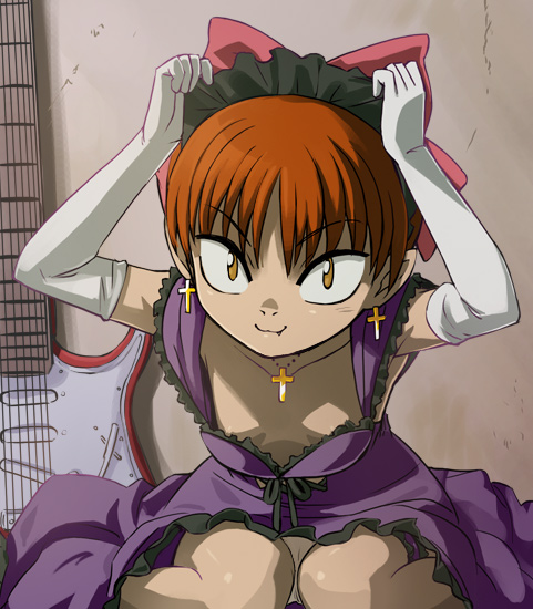 haruyama kazunori, nekomusume, gegege no kitarou, toei company, 1girl, bow, cross, downblouse, earrings, elbow gloves, female focus, gloves, goth fashion, guitar, hair ribbon, instrument, jewelry, latin cross, panties, pantyshot, pink bow, ribbon, solo, underwear