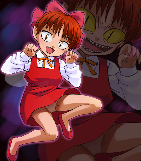 haruyama kazunori, nekomusume, nekomusume (gegege no kitarou 5), gegege no kitarou, gegege no kitarou 5, toei company, red footwear, red neckwear, 1girl, bow, colored sclera, dress, fang, fangs, female focus, flats, full body, hair bow, hair ribbon, looking at viewer, no socks, outline, panties, pantyshot, pinafore dress, pink bow, pointy ears, red dress, red hair, ribbon, sharp teeth, shirt, short hair, sleeveless, sleeveless dress, solo, teeth, underwear, white panties, white shirt, yellow sclera, zoom layer
