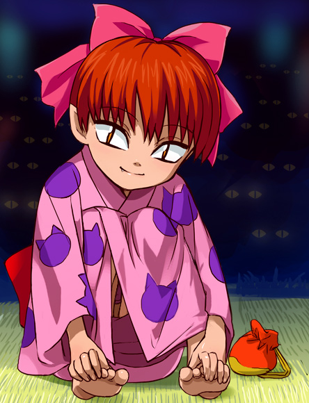 haruyama kazunori, nekomusume, gegege no kitarou, toei company, 1girl, animal print, bag, barefoot, between toes, bow, cat print, fang, feet, female focus, fingers between toes, full body, hair ribbon, handbag, hands on feet, japanese clothes, kimono, knees up, looking at viewer, orange eyes, orange hair, pink bow, pink kimono, pouch, ribbon, short hair, sitting, smile, solo, toes, yukata