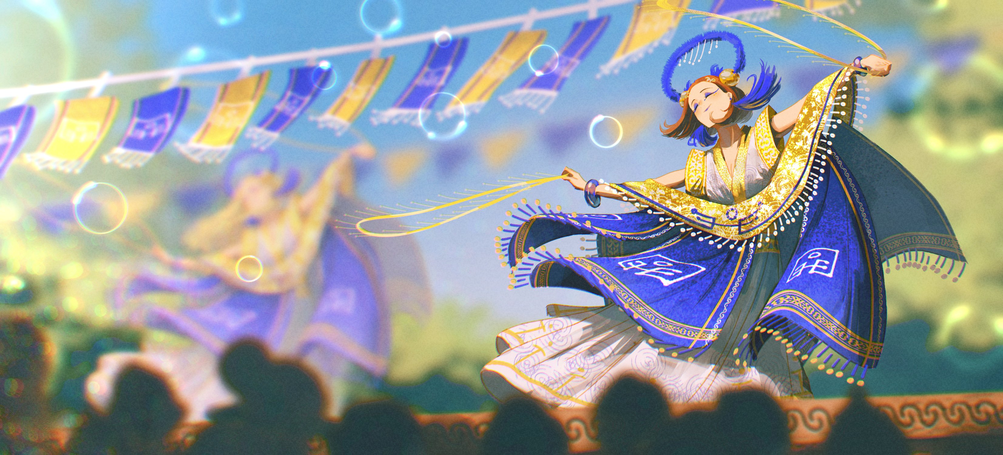 spindle (aidenr0), ottilie (spindle (aidenr0)), original, absurdres, commentary, english commentary, highres, 1girl, blue sky, blurry, blurry background, blurry foreground, bracelet, brown hair, bubble, closed eyes, day, depth of field, dress, earrings, festival, film grain, full body, jewelry, makeup, medium hair, outdoors, outstretched arms, people, sky, smile, spread arms, white dress