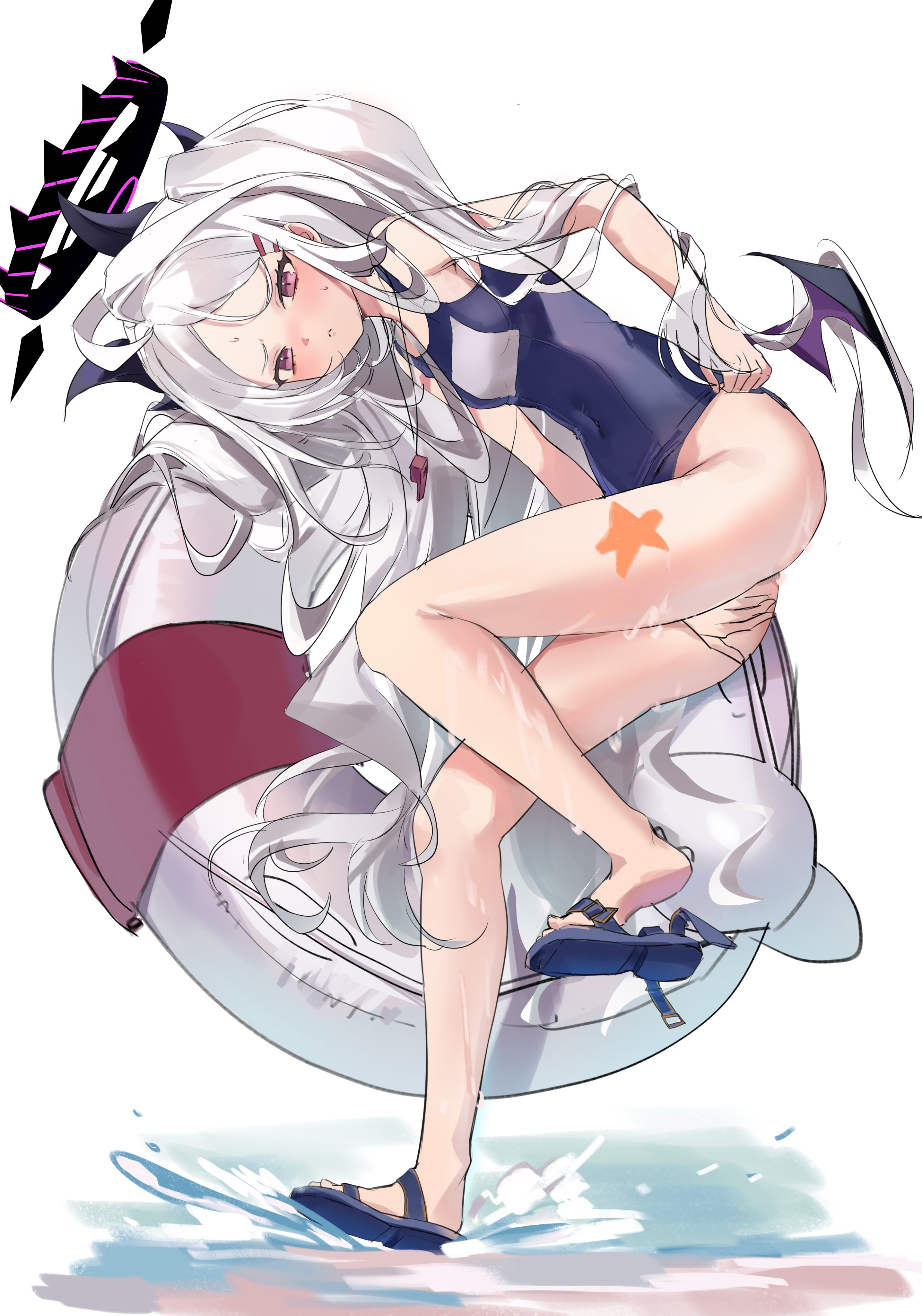 jjamu, hina (blue archive), blue archive, absurdres, highres, 1girl, ahoge, black halo, blush, breasts, demon girl, demon horns, demon wings, full body, halo, horns, long hair, old school swimsuit, purple eyes, school swimsuit, small breasts, solo, standing, swimsuit, very long hair, white hair, wings