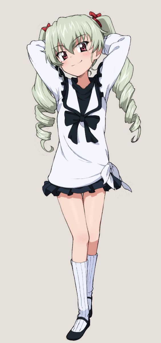 kayabakoro, anchovy (girls und panzer), quess paraya, char's counterattack, girls und panzer, gundam, commentary request, highres, 1girl, arms behind head, black bow, black bowtie, black shoes, black skirt, blouse, bow, bowtie, brown eyes, closed mouth, collared shirt, cosplay, drill hair, flats, full body, green hair, grey background, hair ribbon, long hair, long sleeves, looking at viewer, miniskirt, quess paraya (cosplay), red ribbon, ribbon, shirt, shoes, simple background, skirt, smile, socks, solo, standing, tied shirt, twin drills, twintails, white shirt, white socks