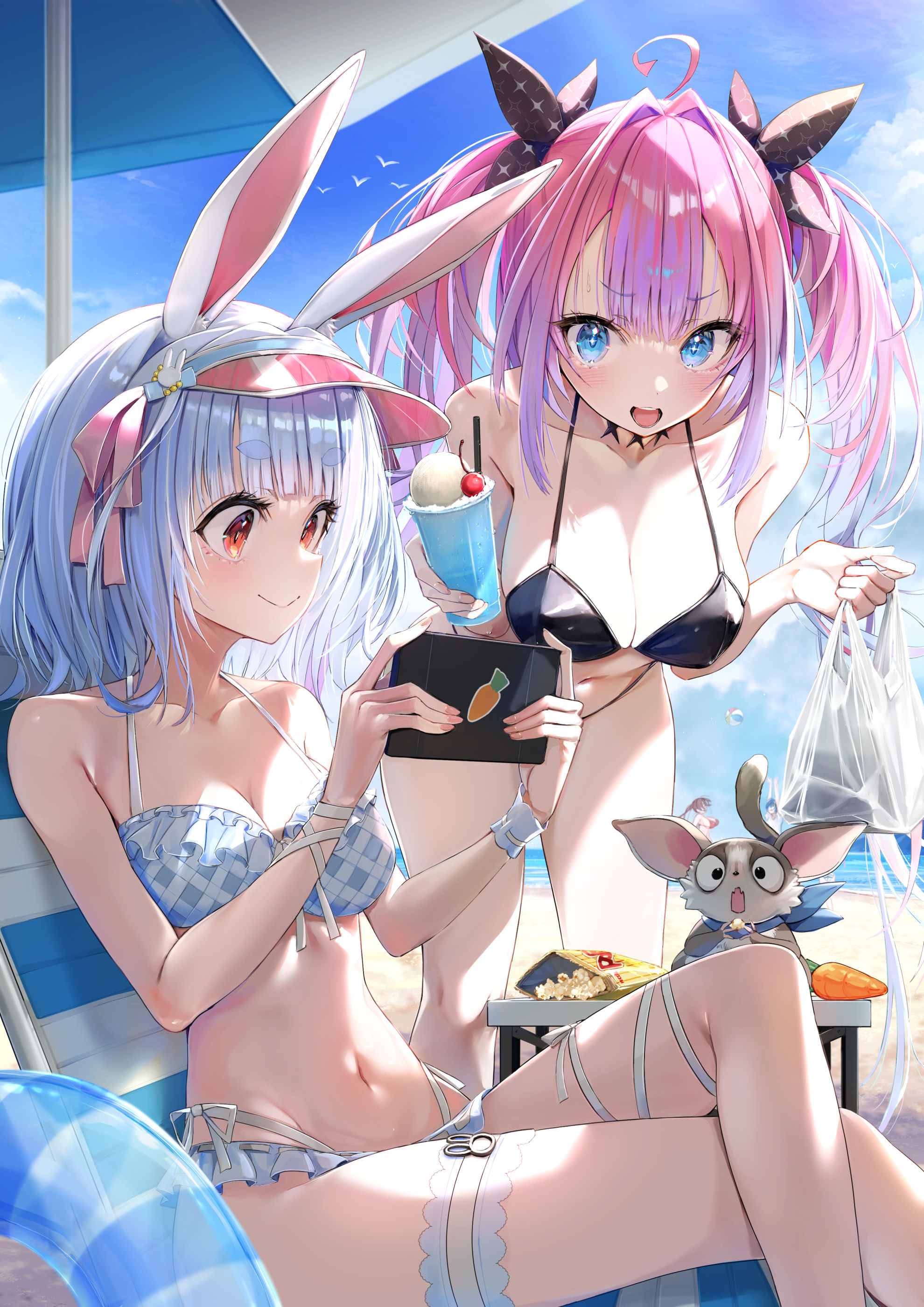 mappaninatta, hiodoshi ao, houshou marine, kikirara vivi, usada pekora, hololive, hololive dev is, holonatsu paradise, absurdres, character request, check character, highres, 4girls, :d, ahoge, animal ear fluff, animal ears, bag, bare arms, bare shoulders, beach umbrella, bikini, blue bikini, blue eyes, blue hair, blue sky, blush, breasts, cleavage, cloud, crossed legs, cup, day, feet out of frame, food, frilled bikini, frills, hair intakes, holding, holding bag, holding cup, innertube, large breasts, leaning forward, medium breasts, multicolored hair, multiple girls, navel, open mouth, outdoors, pink hair, plastic bag, popcorn, purple hair, rabbit ears, sitting, sky, smile, standing, swim ring, swimsuit, twintails, two-tone hair, umbrella, virtual youtuber, visor cap