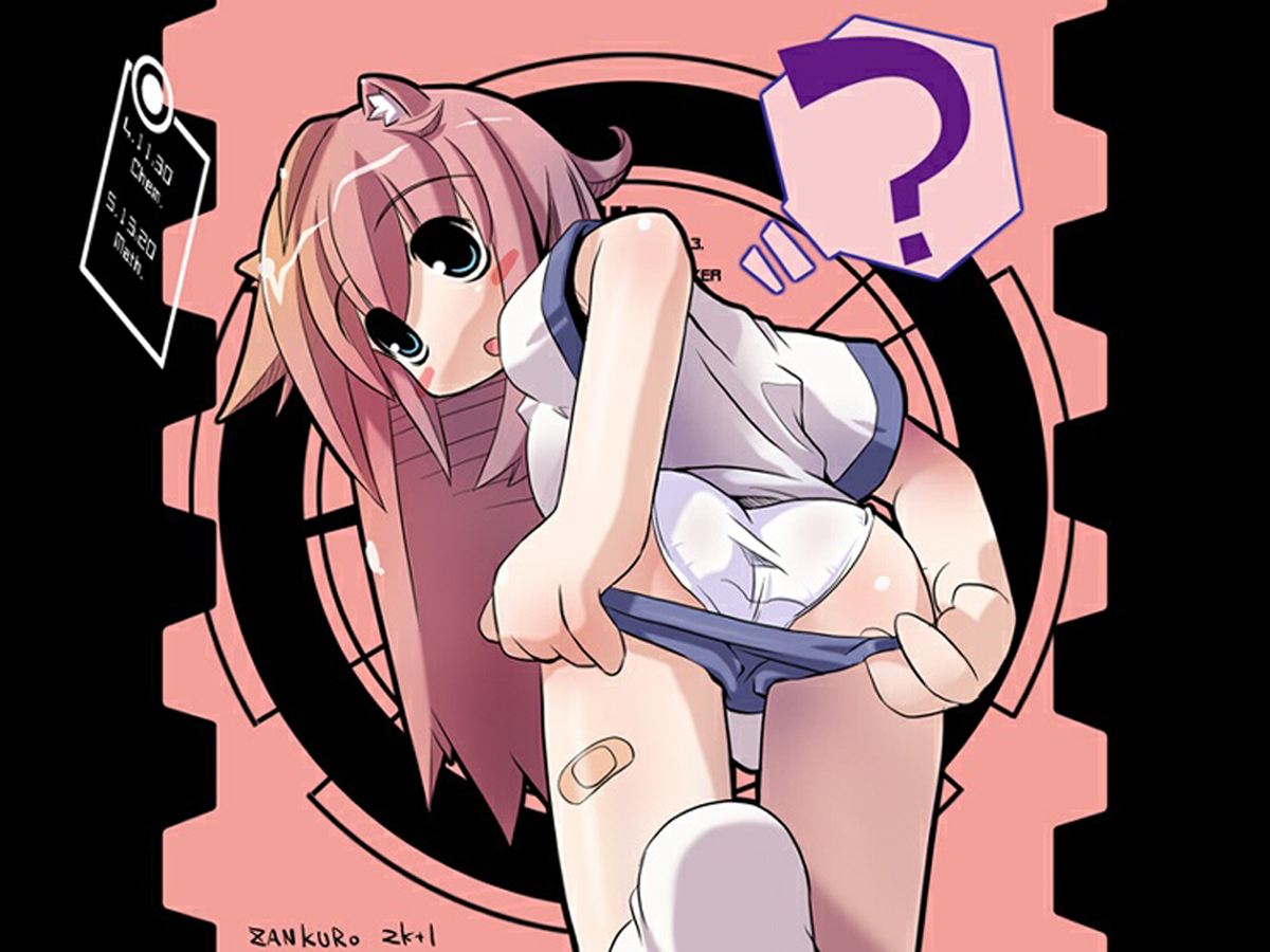 zankuro, 1girl, animal ears, ass, bandaid, blue eyes, buruma, buruma pull, cat ears, clothes pull, female focus, from behind, gym uniform, leaning forward, panties, pink hair, socks, solo, speech bubble, thought bubble, underwear, undressing