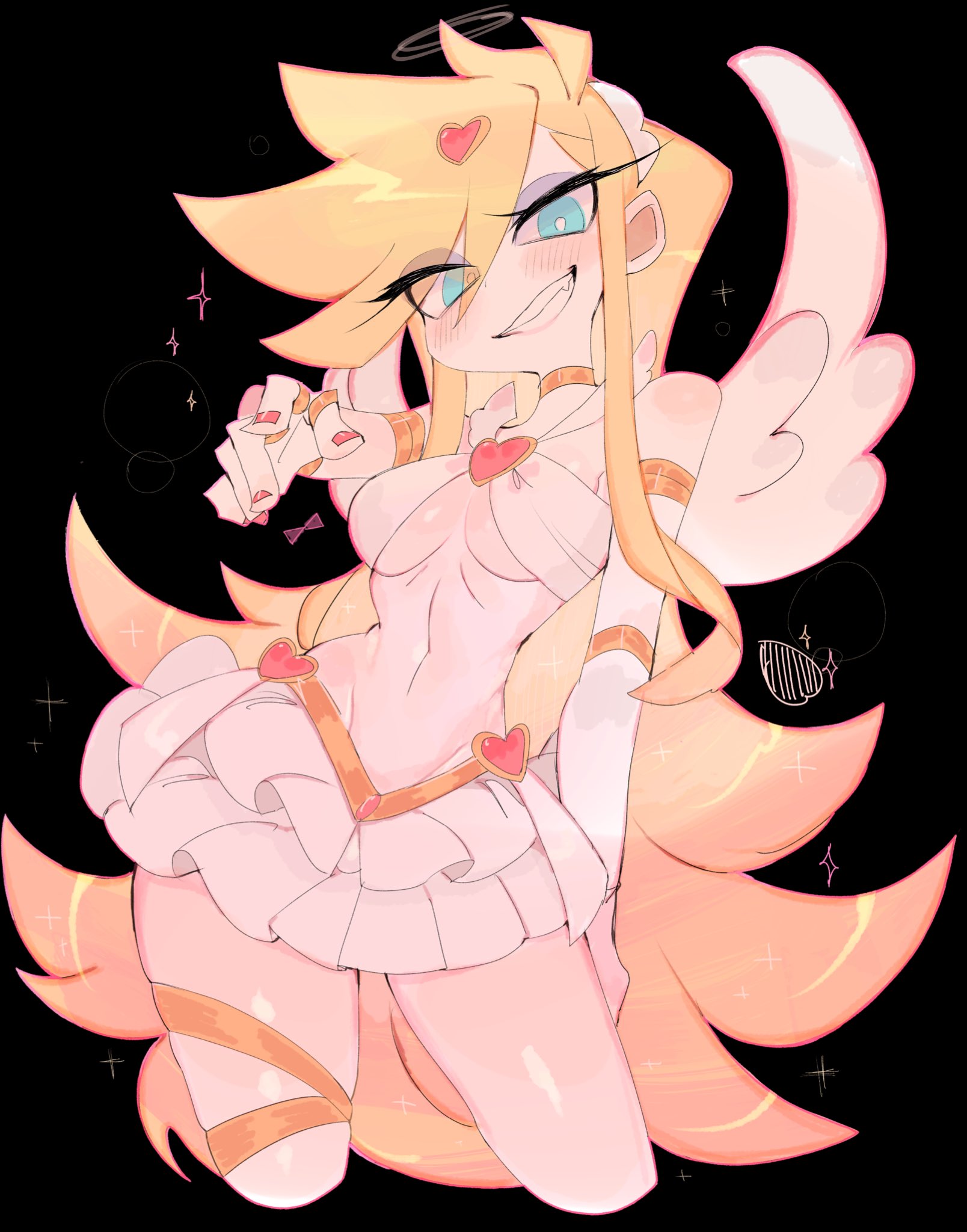 usa37107692, panty (psg), panty & stocking with garterbelt, highres, 1girl, angel, angel wings, black background, blonde hair, blue eyes, breasts, brooch, cleavage, dress, earrings, feathered wings, feathers, halo, heart, heart brooch, hoop earrings, jewelry, large breasts, long hair, looking at viewer, simple background, smile, solo, standing, thick thighs, thighhighs, thighs, traditional halo, very long hair, white wings, wings