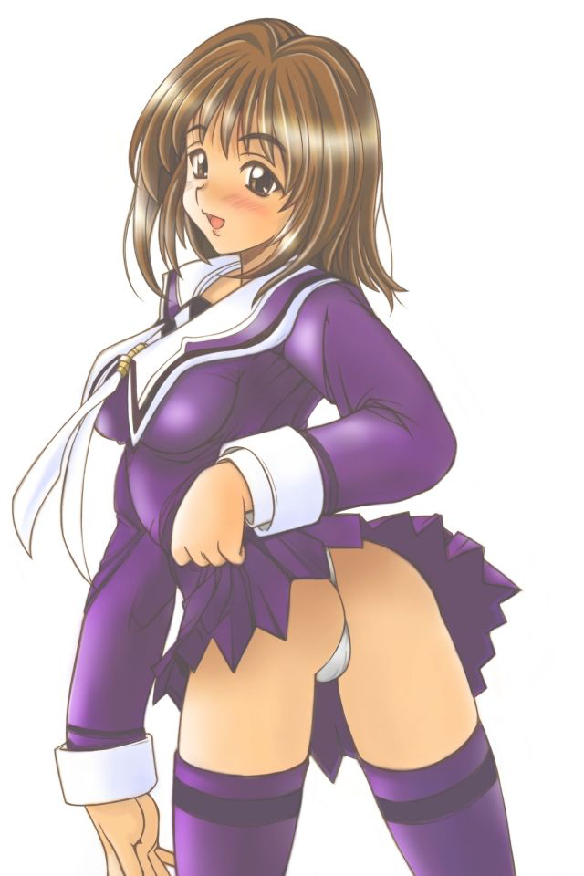 yoshizuki iori, i"s, 1girl, ass, blush, brown eyes, brown hair, clothes lift, female focus, from behind, looking back, panties, purple thighhighs, school uniform, serafuku, short hair, simple background, skirt, skirt lift, solo, thighhighs, underwear, white panties