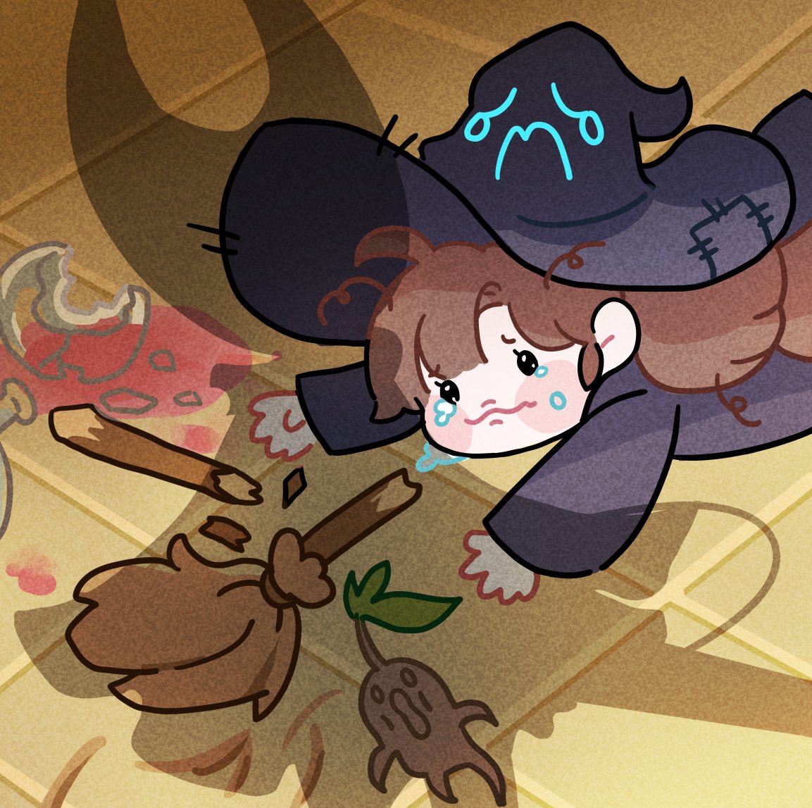 hornet (hollow knight), hollow knight: silksong, little witch in the woods, apu spills his tendies (meme), broken broom, brown hair, crying, hat, mandragora, meme, shadow, witch hat