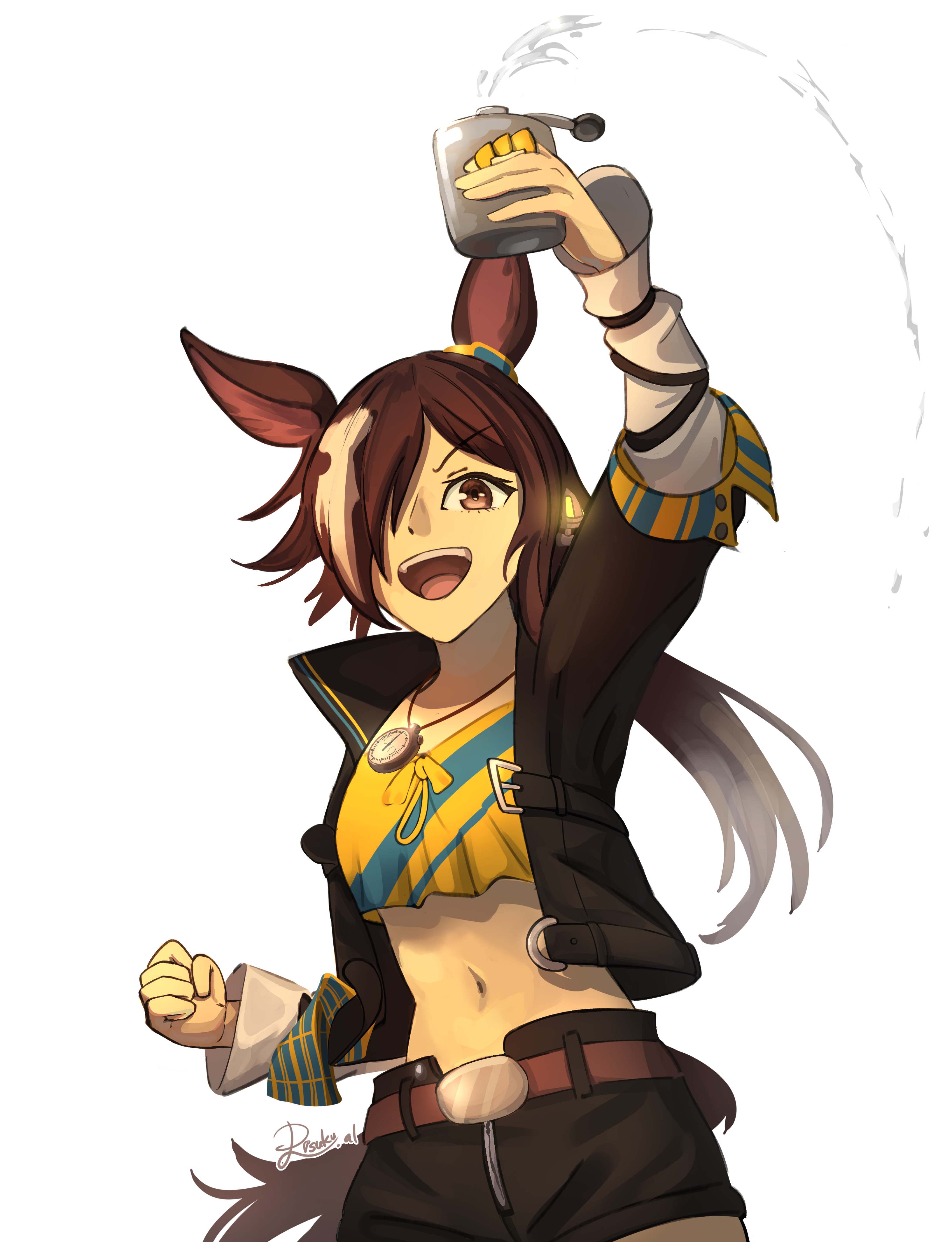 vodka (umamusume), umamusume, absurdres, commentary, highres, 1girl, :d, animal ears, arm up, belt, belt buckle, black jacket, black shorts, brown belt, brown eyes, brown hair, buckle, clenched hand, hair over one eye, hip flask, holding, horse ears, horse girl, horse tail, jacket, long hair, long sleeves, multicolored hair, navel, open clothes, open jacket, open mouth, risuku (comeseesee2u), short shorts, shorts, simple background, smile, solo, tail, two-tone hair, very long hair, white background, white hair