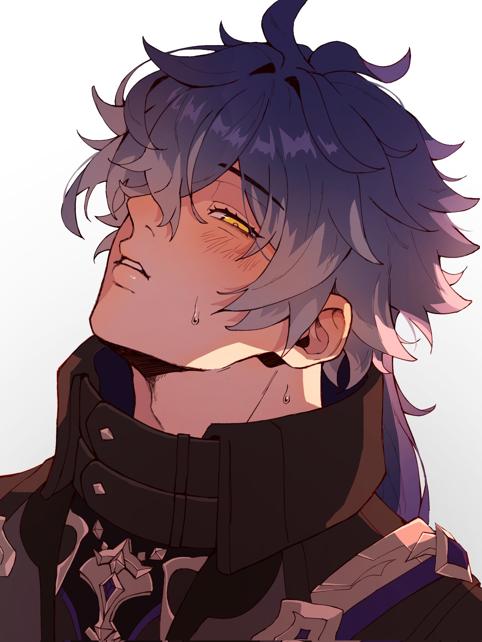 flins (genshin impact), genshin impact, commentary, english commentary, highres, 1boy, adam's apple, black jacket, black shirt, blue gemstone, blue hair, blush, gem, head back, high collar, jacket, male focus, mi yen, parted bangs, parted lips, portrait, shirt, simple background, solo, sweat, teeth, upper body, white background, wing collar, yellow eyes