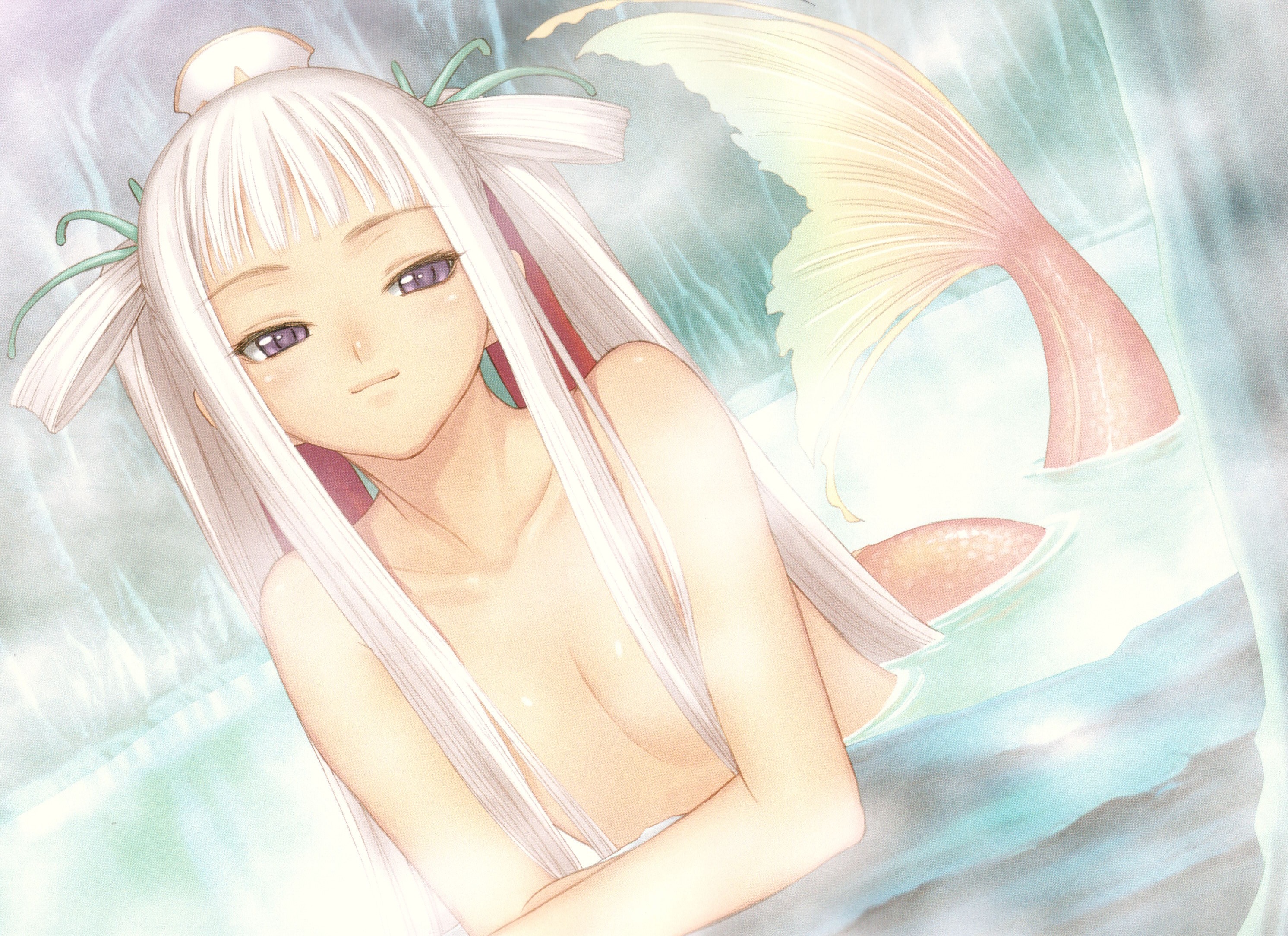 tony taka, houmei, sega, shining (series), shining tears, shining tears x wind, shining wind, highres, 00s, 1girl, blush, censored, collarbone, completely nude, convenient censoring, female focus, flat chest, hair censor, hair over breasts, light smile, long hair, mermaid, monster girl, nude, pink hair, purple eyes, purple hair, scales, solo, steam, water, wet