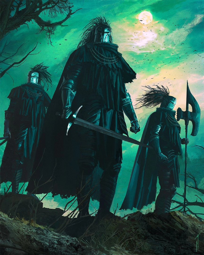 ninois, night's cavalry, elden ring, 3boys, armor, armored boots, axe, bare tree, bird, black armor, boots, breastplate, chain, full armor, full moon, gauntlets, greaves, green theme, halberd, helmet, holding, holding axe, holding sword, holding weapon, knight, moon, multiple boys, plume, polearm, shoulder armor, sword, tree, weapon