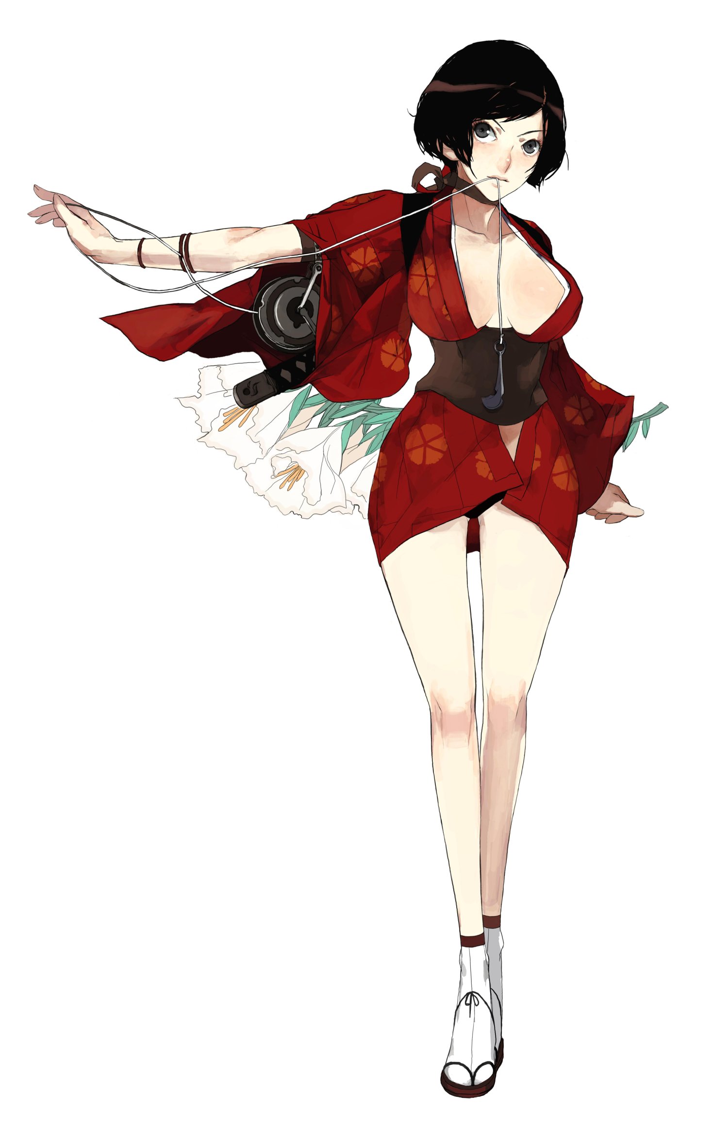 d.k, kurenai (red ninja: end of honor), red ninja: end of honor, highres, official art, 1girl, black panties, breasts, brown hair, choker, cleavage, female focus, flower, grey eyes, japanese clothes, kimono, kodachi, kunai, large breasts, legs, long legs, mouth hold, no bra, obi, open clothes, open kimono, panties, sandals, sash, short hair, short kimono, short sword, simple background, socks, solo, sword, tabi, underwear, weapon, white background