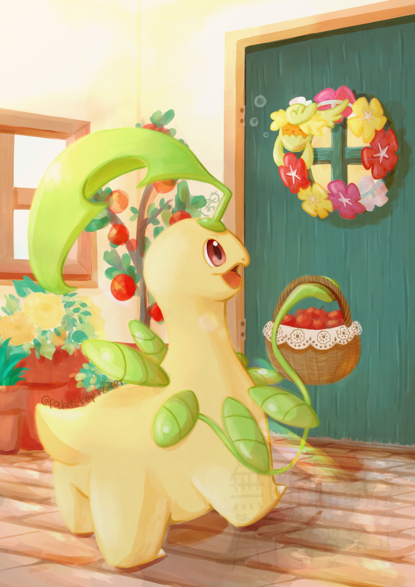 pocketekcop, bayleef, comfey, nintendo, pokemon, highres, apple, basket, door, flower, flower necklace, flower wreath, food, fruit, gen 2 pokemon, gen 7 pokemon, holding, holding basket, jewelry, leaf, lei, necklace, no humans, open mouth, pink flower, plant, pokemon (creature), pokemon focus, potted plant, red flower, smile, vines, yellow flower