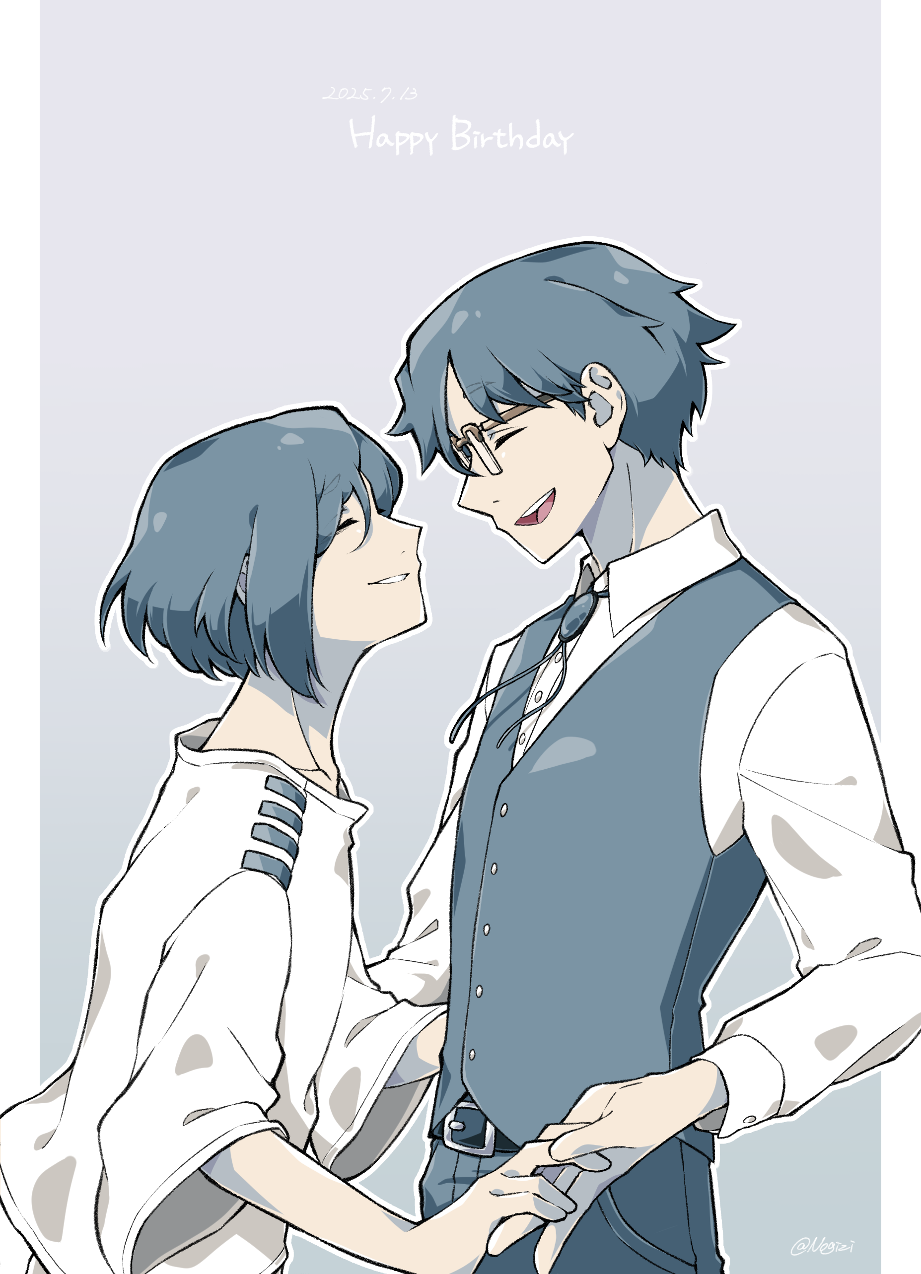 nogizi, toshi densetsu kaitai center, absurdres, highres, spoilers, 1boy, 1girl, belt, blue hair, brooch, brother and sister, closed eyes, collared shirt, cowboy shot, dated, face-to-face, facing another, from side, grey background, happy birthday, jewelry, kisaragi ayumi, kisaragi tsutomu, long sleeves, outline, pants, profile, shirt, short hair, siblings, smile, standing, vest, white outline, white shirt