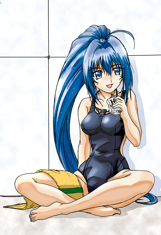 hayase mitsuki, kimi ga nozomu eien, 00s, barefoot, black one-piece swimsuit, blue hair, feet, one-piece swimsuit, school swimsuit, solo, swimsuit