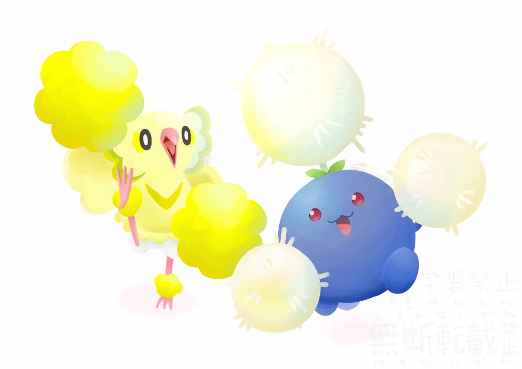 pocketekcop, jumpluff, oricorio, oricorio (pom-pom), nintendo, pokemon, commentary request, :3, animal focus, beak, bird, full body, gen 2 pokemon, gen 7 pokemon, no humans, open mouth, pokemon (creature), pokemon focus, red eyes, simple background, smile, white background, wings