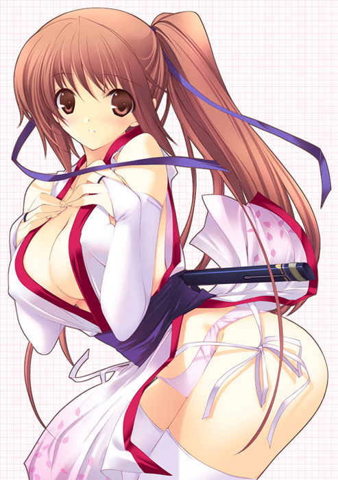 iizuki tasuku, kasumi (doa), dead or alive, tecmo, 1girl, ass, blush, breasts, brown eyes, brown hair, cleavage, dress, female focus, hands on own chest, japanese clothes, leaning forward, long hair, ninja, no bra, panties, pantyshot, patterned background, pelvic curtain, pink panties, ponytail, solo, standing, thighhighs, underwear, white thighhighs, wind, wind lift