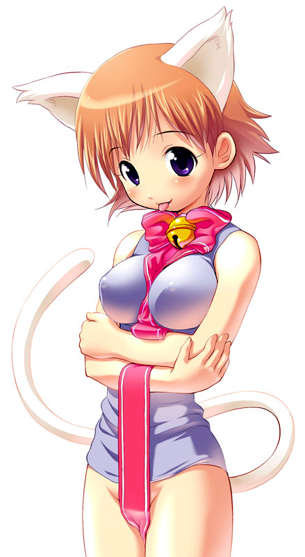 original, artist request, 1girl, :p, animal ears, bell, blush, bottomless, breasts, brown hair, cat ears, cat girl, cat tail, censored, convenient censoring, covered erect nipples, female focus, jingle bell, large breasts, looking at viewer, orange hair, purple eyes, ribbon, short hair, simple background, solo, standing, straight hair, tail, tongue, tongue out