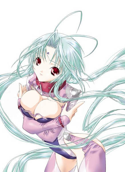 ren (dears), dears, jpeg artifacts, 00s, breasts, cleavage, green hair, large breasts, red eyes, solo
