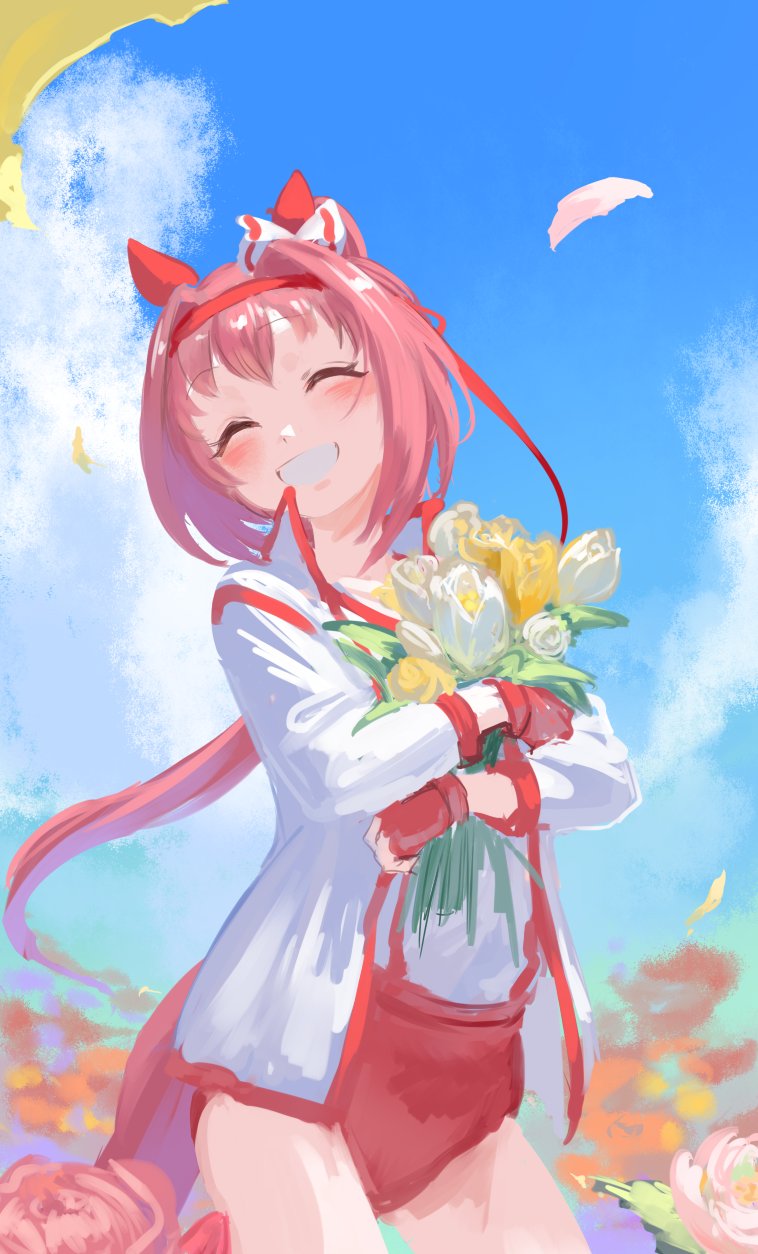 inishie kumo, haru urara (umamusume), umamusume, commentary, highres, 1girl, ^ ^, animal ears, blue sky, blush, bouquet, bow, buruma, closed eyes, cloud, cowboy shot, day, ear bow, ear covers, fingerless gloves, flower, gloves, grin, headband, holding, holding bouquet, horse ears, horse girl, horse tail, jacket, long sleeves, open clothes, open jacket, outdoors, pink hair, red buruma, red gloves, red headband, rose, shirt, short hair, sky, smile, solo, tail, white jacket, white shirt