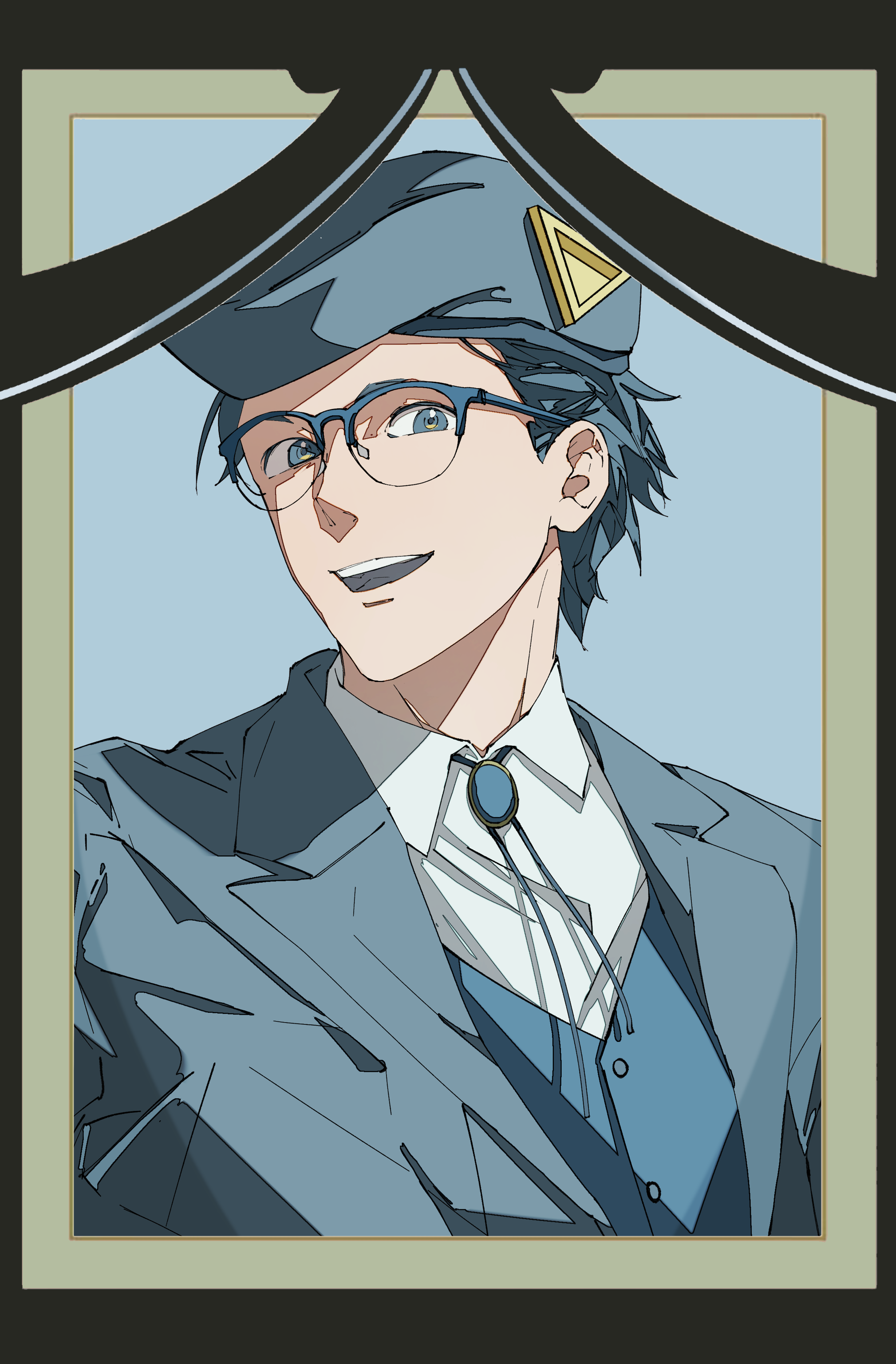 toshi densetsu kaitai center, absurdres, commentary request, highres, spoilers, 1boy, black border, blue eyes, blue hair, blue hat, blue jacket, border, brooch, collared shirt, glasses, hat, iei, jacket, jewelry, kisaragi tsutomu, looking at viewer, male focus, open mouth, picture frame, shikishima (3jikaika), shirt, short hair, smile, solo, upper body, vest, white shirt