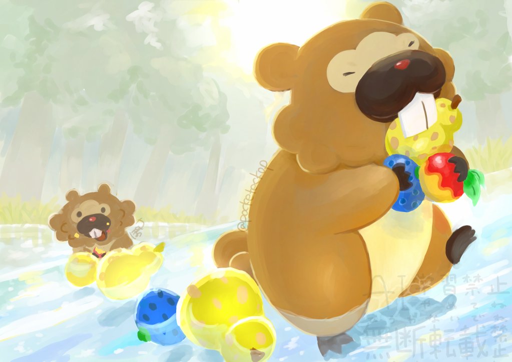 pocketekcop, bidoof, nintendo, pokemon, animal focus, berry (pokemon), buck teeth, closed eyes, closed mouth, day, floating, gen 4 pokemon, holding, leppa berry, no humans, open mouth, oran berry, outdoors, pokemon (creature), pokemon focus, sitrus berry, teeth, water