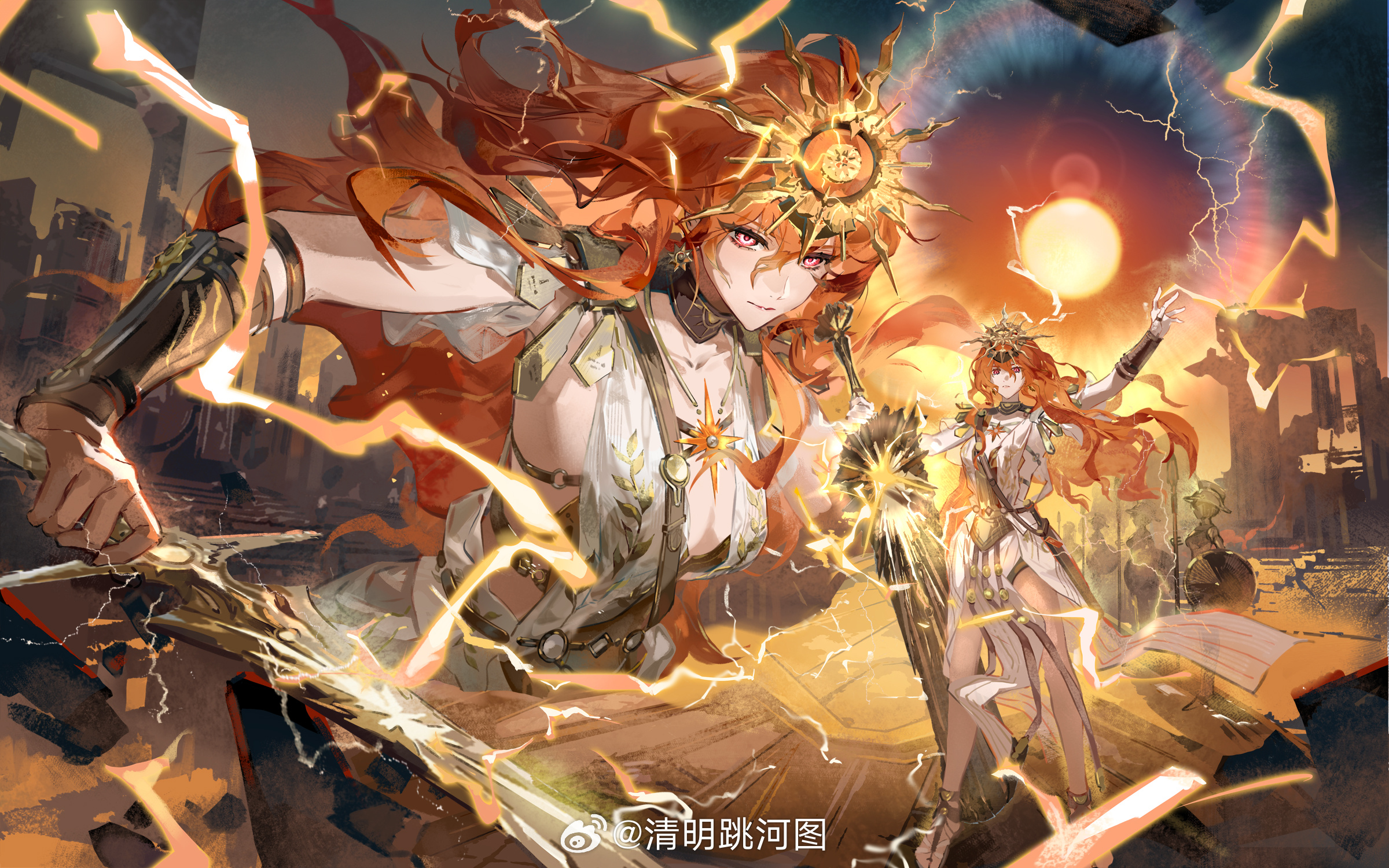 qingming tiaohetu, augusta (wuthering waves), wuthering waves, chinese commentary, commentary request, highres, 1girl, ancient greek clothes, arm armor, arm up, armor, black collar, breastplate, breasts, cleavage, closed mouth, collar, collarbone, dress, earrings, electricity, gladiator, greatsword, greco-roman clothes, hair between eyes, holding, holding sword, holding weapon, jewelry, long hair, looking at viewer, medium breasts, multiple views, orange hair, people, red eyes, standing, sun, sun earrings, sun necklace, sword, weapon, white dress