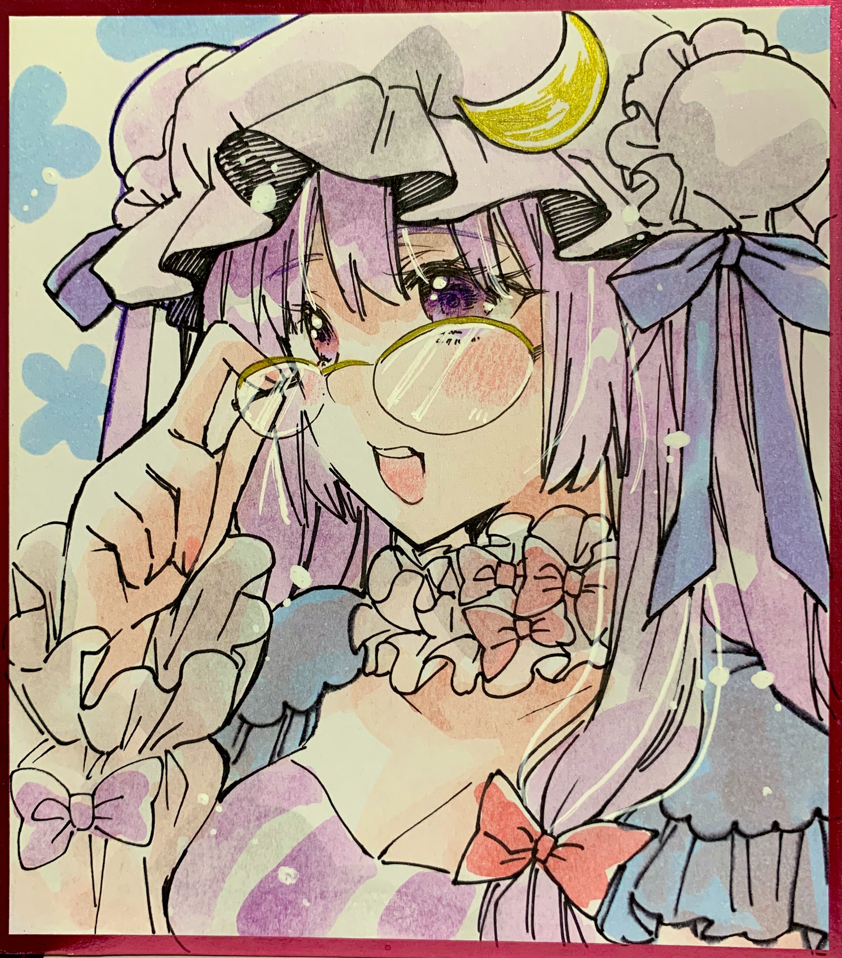 akaioringo2023, patchouli knowledge, touhou, absurdres, highres, photo (medium), 1girl, hat, long hair, looking to the side, mob cap, portrait, purple eyes, purple hair, short sleeves, solo
