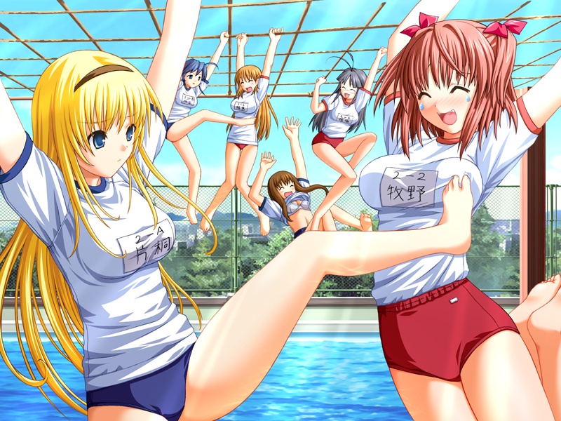 nekonyan, katagiri cheryl, makino konoha, murakami shizune, saeki suzuna, yuzuki sanae, raspberry (game), game cg, 6+girls, :d, ^ ^, barefoot, blonde hair, blue eyes, blush, bow, bra, buruma, closed eyes, compete, competition, feet, gym uniform, hanging, kicking, lingerie, long hair, multiple girls, name tag, nipple stimulation, nipple tweak, nipple tweak with toes, open mouth, pool, smile, soles, sweatdrop, tears, tickling, tickling breasts, tickling sides, toes, underwear