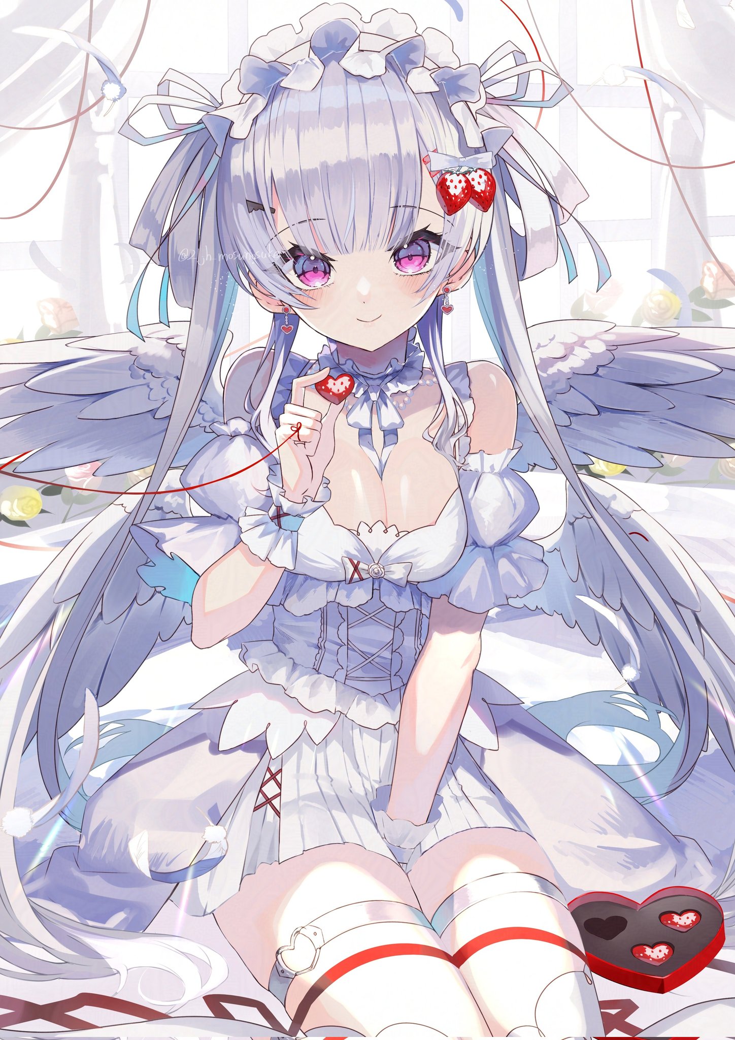 elritta, original, highres, 1girl, angel wings, bare shoulders, blush, breasts, candy, chocolate, chocolate heart, choker, cleavage, closed mouth, dress, food, frilled choker, frills, hair between eyes, hair ornament, hair ribbon, headdress, heart, heart-shaped food, holding, large breasts, long hair, looking at viewer, purple eyes, red ribbon, ribbon, short sleeves, smile, solo, thigh strap, white dress, white hair, white ribbon, wings, wrist cuffs
