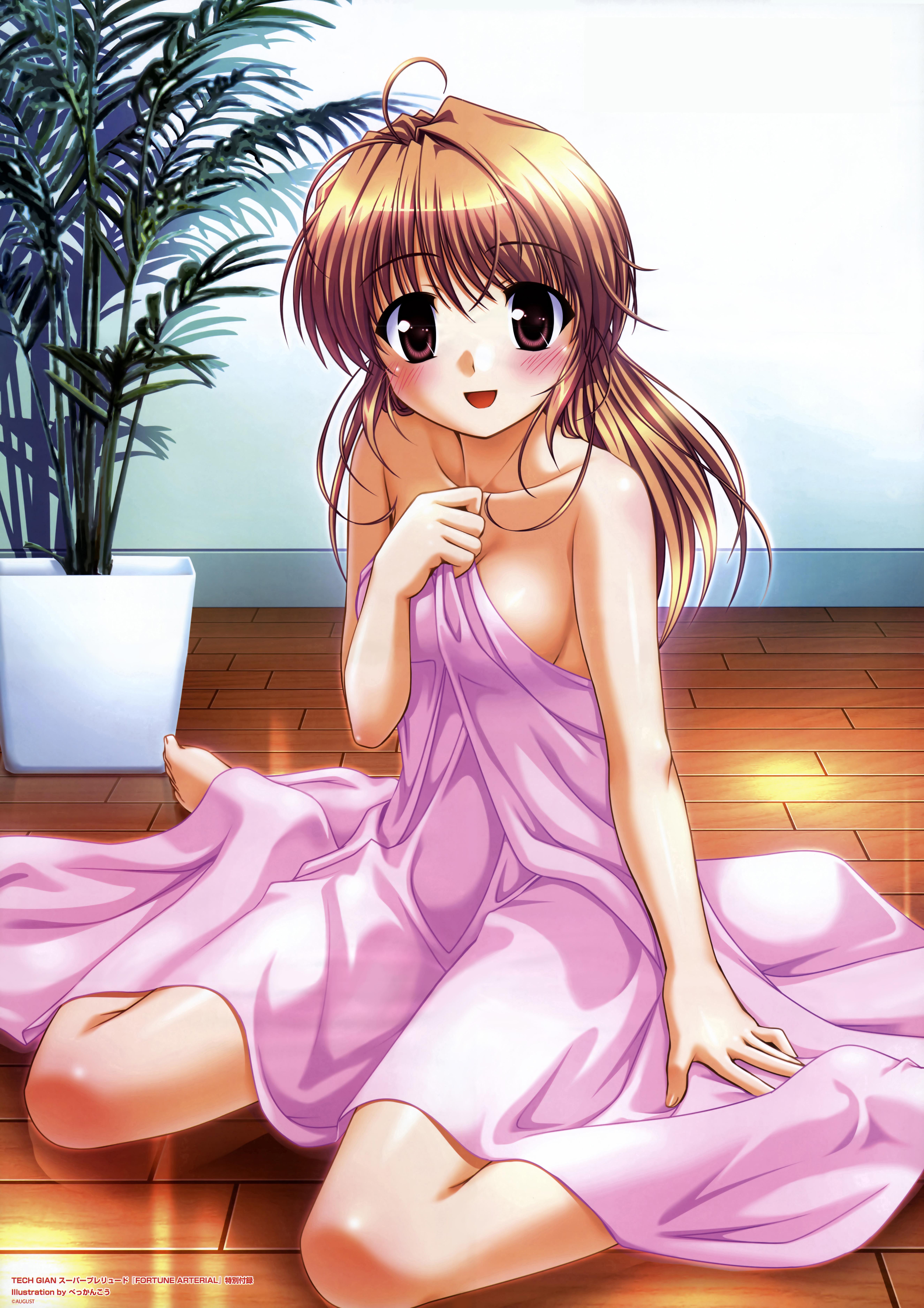 bekkankou, yuuki haruna, fortune arterial, absurdres, highres, 1girl, ahoge, barefoot, bed sheet, blush, breasts, brown eyes, brown hair, covering privates, female focus, large breasts, legs folded, long hair, naked sheet, no bra, plant, potted plant, sideboob, sitting, smile, solo, under covers, wariza