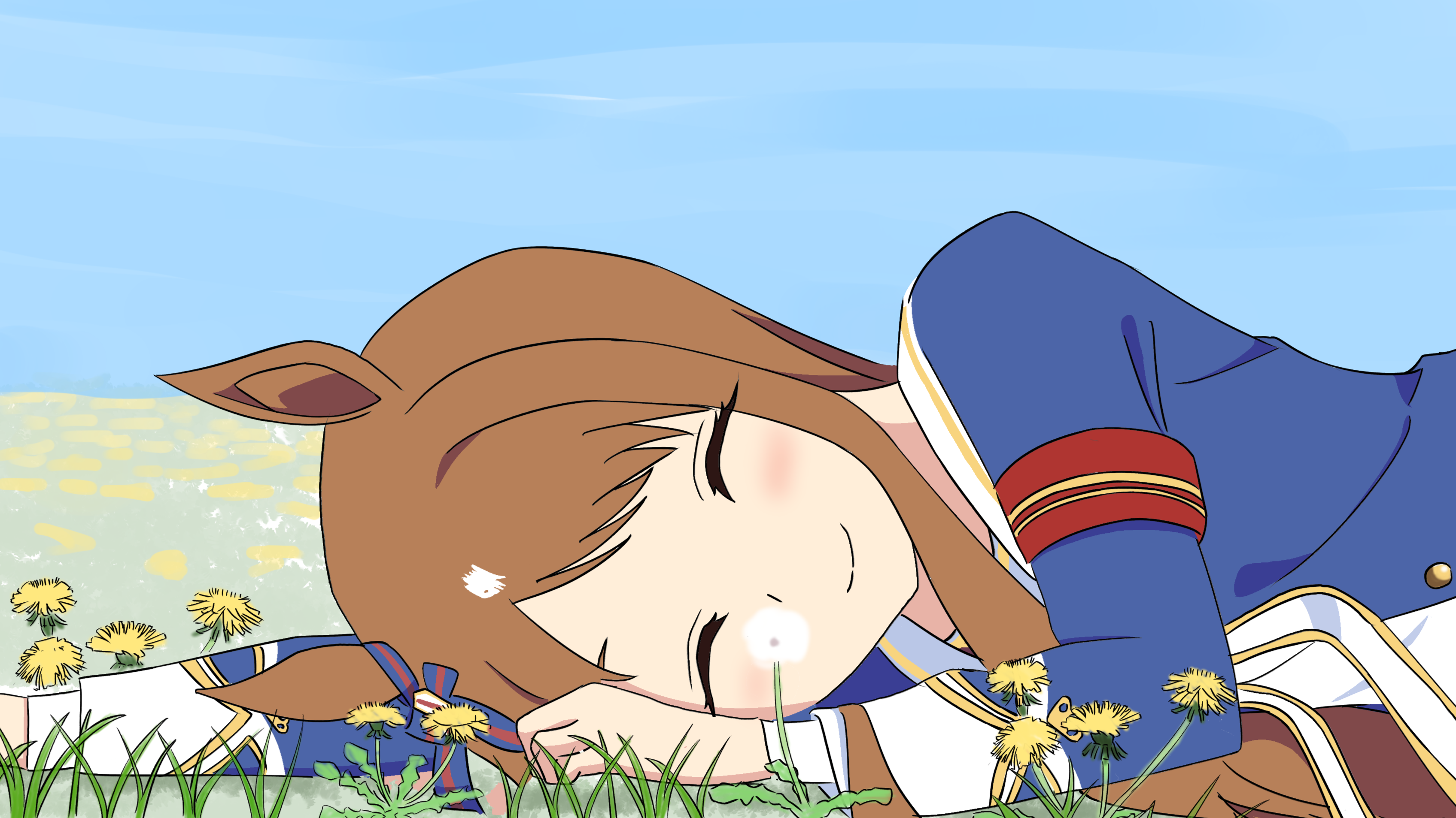 grass wonder (umamusume), umamusume, absurdres, commentary request, highres, partial commentary, 1girl, animal ears, armband, blue jacket, blue sky, blush, bow, brown hair, closed eyes, closed mouth, dandelion, ear bow, ear ornament, ear ribbon, facing viewer, field, flower, horse ears, horse girl, jacket, long hair, long sleeves, lying, multicolored hair, on side, outdoors, red armband, sailor collar, sky, smile, upper body, user xypv4577, white hair, white sailor collar