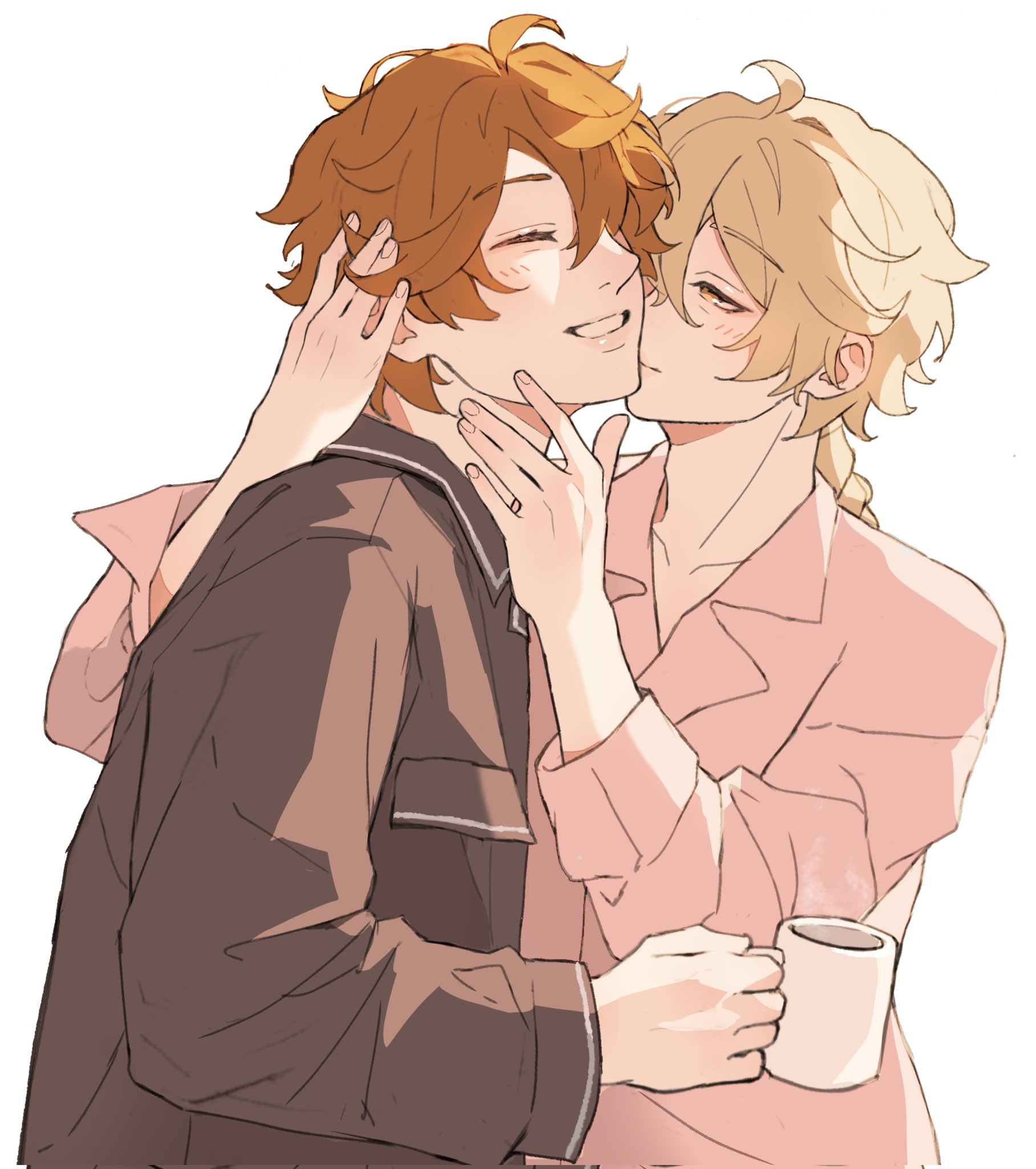 aether (genshin impact), tartaglia (genshin impact), genshin impact, commentary, english commentary, highres, 2boys, ahoge, black pajamas, black shirt, blonde hair, blush, closed eyes, closed mouth, coffee mug, cup, eyelashes, grin, hand on another's face, holding, holding cup, kiss, lapels, long sleeves, looking at another, male focus, mi yen, mug, multiple boys, orange hair, pajamas, parted bangs, pink pajamas, pink shirt, shirt, simple background, sleeve cuffs, smile, teeth, white background, yaoi, yellow eyes