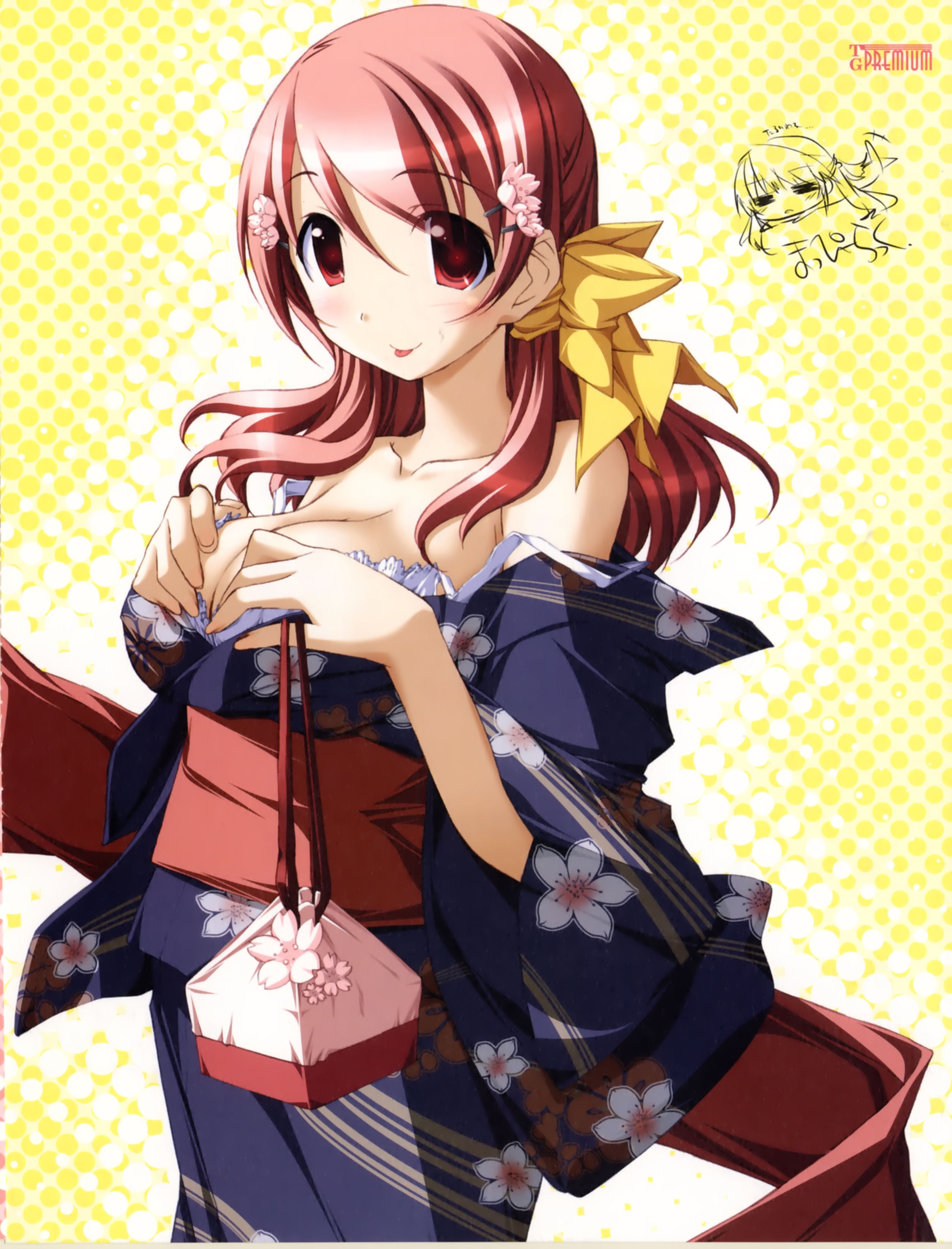 kurashima tomoyasu, wakamiya asuka, ashita no kimi to au tame ni, absurdres, highres, :p, bra, breast suppress, breasts, cleavage, hair ornament, hairclip, japanese clothes, kimono, large breasts, lingerie, long hair, pink hair, red eyes, red hair, solo, strap slip, tongue, tongue out, underwear, undressing
