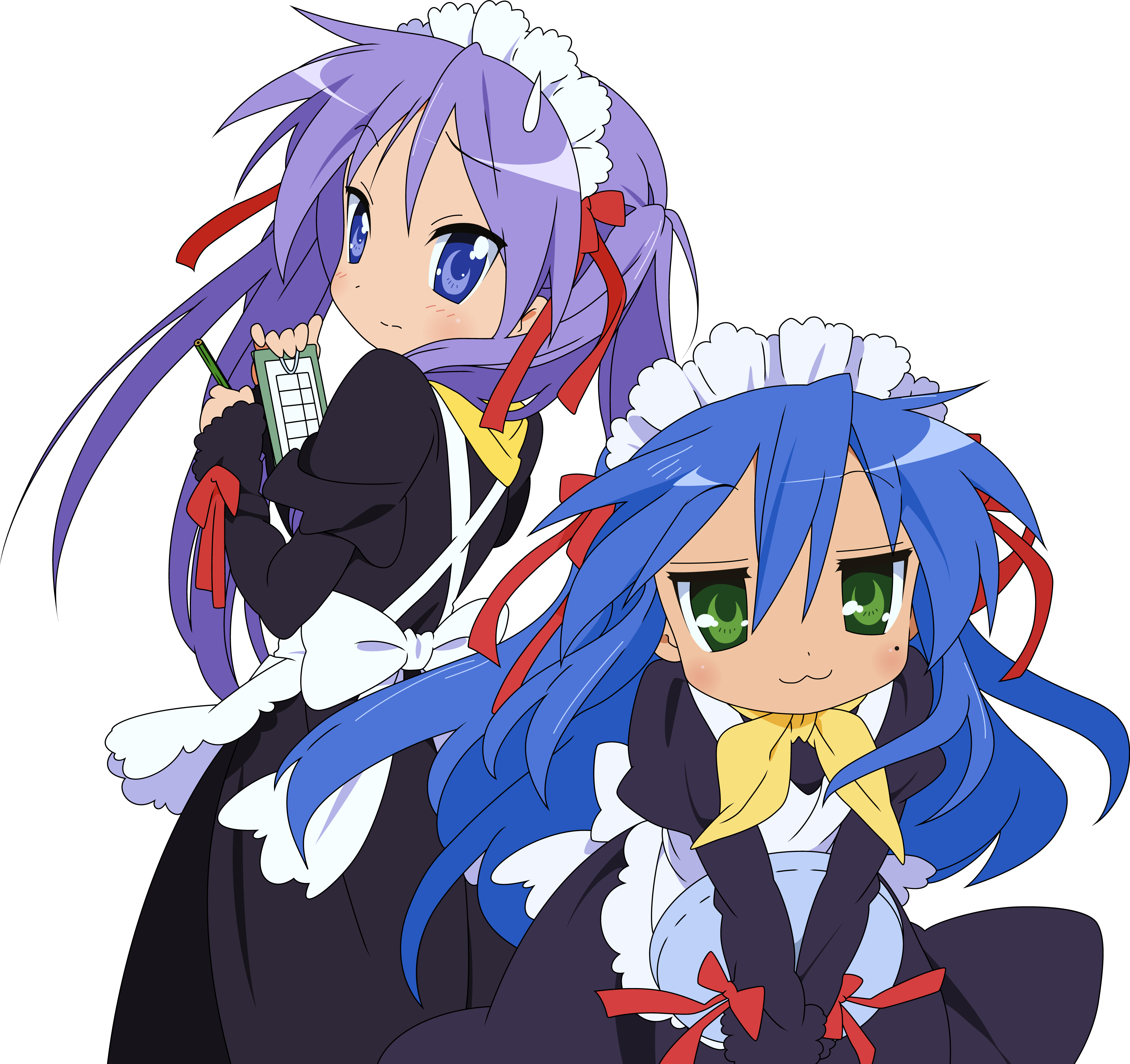 hiiragi kagami, izumi konata, lucky star, absurdres, derivative work, highres, vector trace, 00s, 2girls, alternate costume, enmaided, maid, mole, mole under eye, multiple girls, transparent background