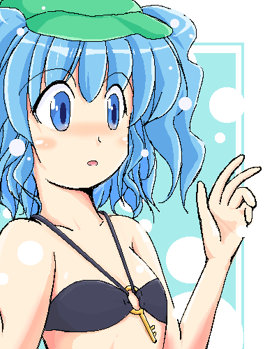 kawashiro nitori, touhou, lowres, 1girl, :o, adapted costume, bare shoulders, bikini, black bikini, blue eyes, blue hair, blush, collarbone, female focus, flat cap, hat, key, matching hair/eyes, o-ring, o-ring bikini, open clothes, solo, swimsuit, tareme, thighhighs, twintails, two side up, upper body, wavy hair