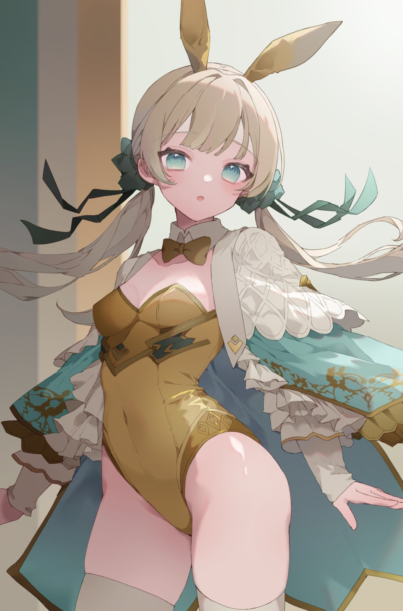 re re merry, original, highres, 1girl, animal ears, blonde hair, blue eyes, blush, bow, bowtie, breasts, cape, cloak, covered navel, detached collar, fake animal ears, hair ornament, hair ribbon, leotard, long hair, long sleeves, looking at viewer, parted lips, playboy bunny, rabbit ears, ribbon, small breasts, solo, thighhighs, twintails, yellow leotard